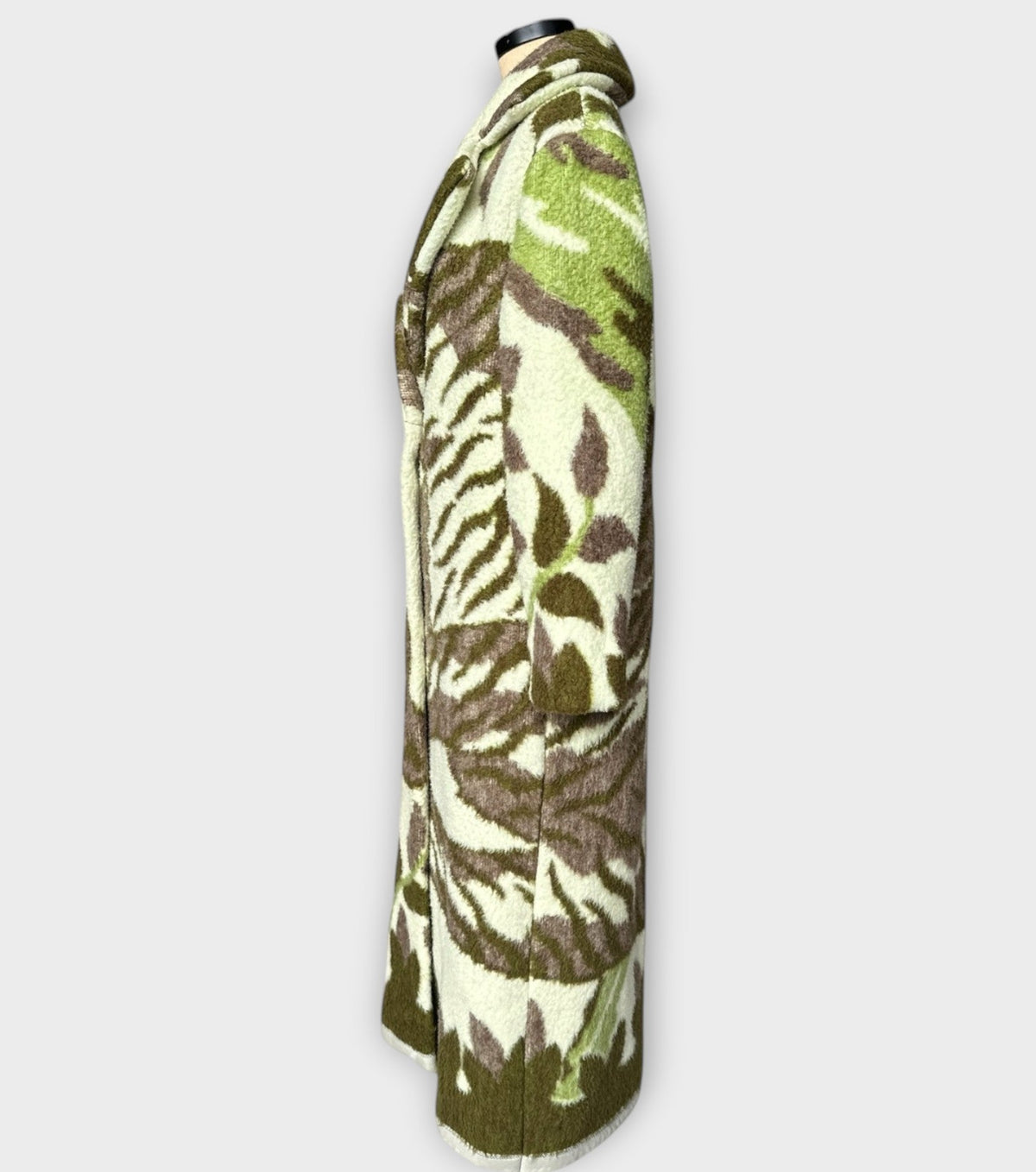 STUDIO WUNDERBAR Greenish Tiger Coat: cream and olive green teddy long coat with botanical and tiger pattern in chocolate brown, moss green and ivory, upcycled one-of-a-kind coat, alternate angle, buy at DOORS NYC