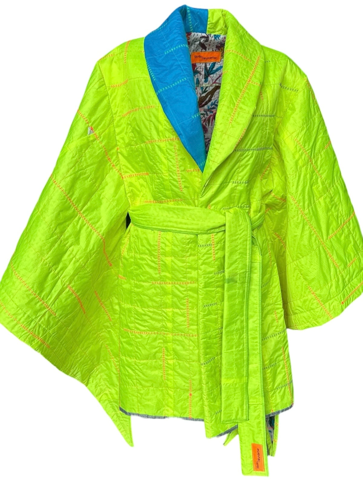 STUDIO WUNDERBAR Kite Cape Coat: neon green quilted kimono jacket with oversized shawl collar and self-tie belt, women's and men's upcycled coat, alternate angle, buy at DOORS NYC
