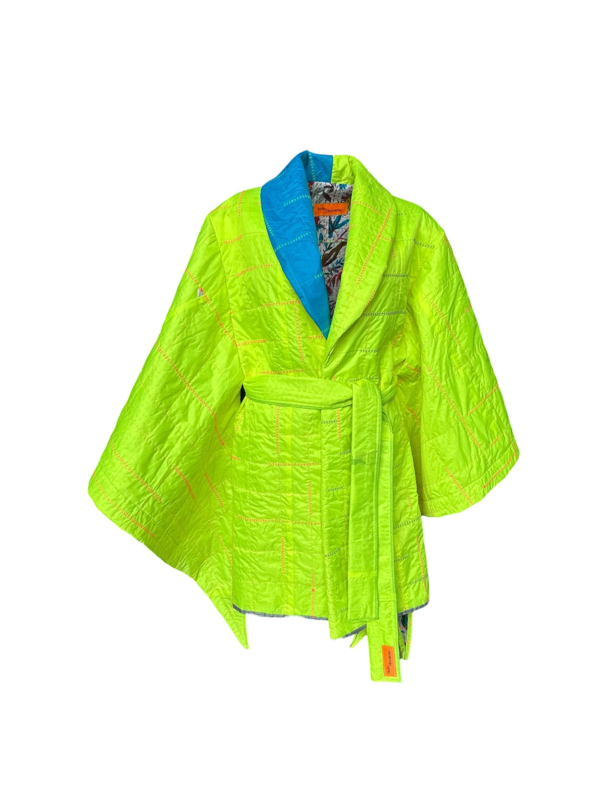 STUDIO WUNDERBAR Kite Cape Coat: neon green quilted kimono jacket with oversized shawl collar and self-tie belt, women's and men's upcycled coat, alternate angle, buy at DOORS NYC