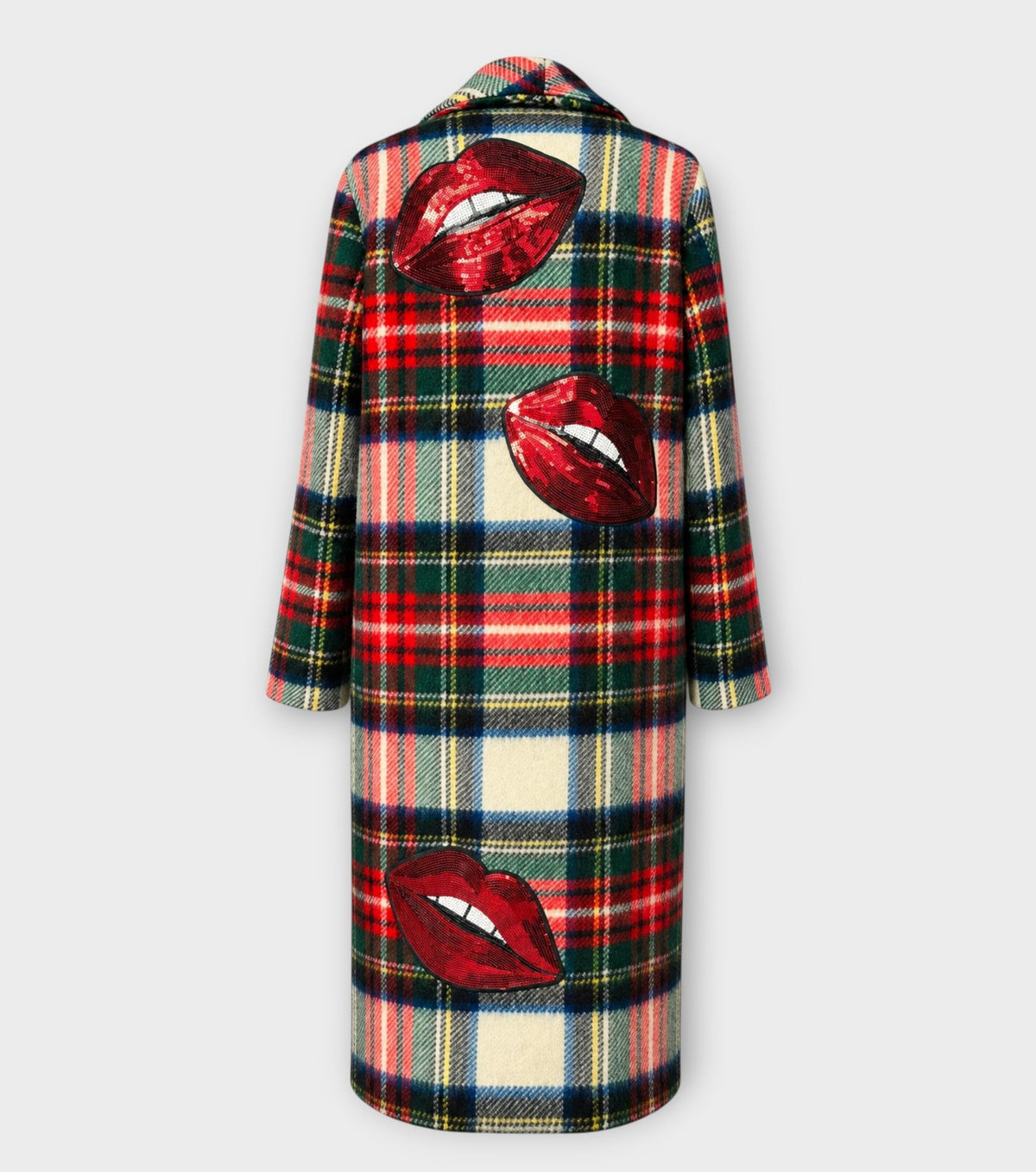 STUDIO WUNDERBAR Tartan Kiss Coat: multicolor red, green, navy and cream tartan long coat with red lip appliqués and oversized notched lapels, upcycled one-of-a-kind coat, product photo, buy at DOORS NYC