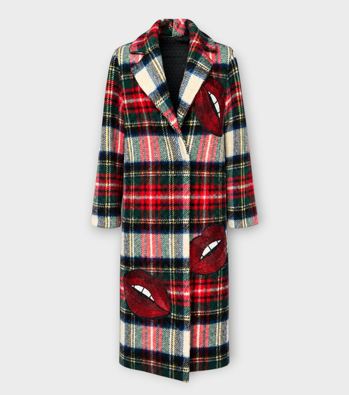 STUDIO WUNDERBAR Tartan Kiss Coat: multicolor red, green, navy and cream tartan long coat with red lip appliqués and oversized notched lapels, upcycled one-of-a-kind coat, alternate angle, buy at DOORS NYC