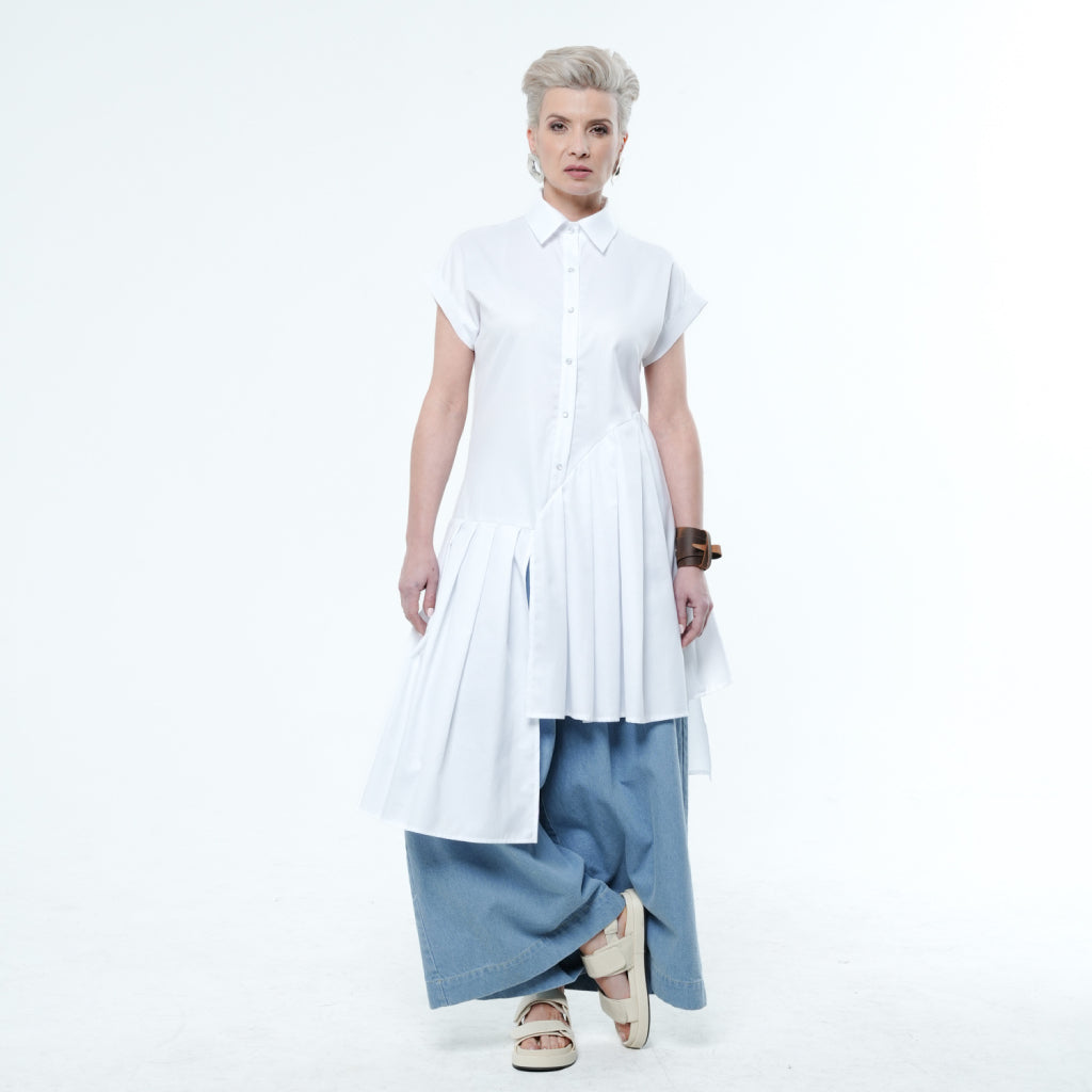METAMORPHOZA - White Pleated Asymmetric Cotton Tunic Shirt, buy at DOORS NYC