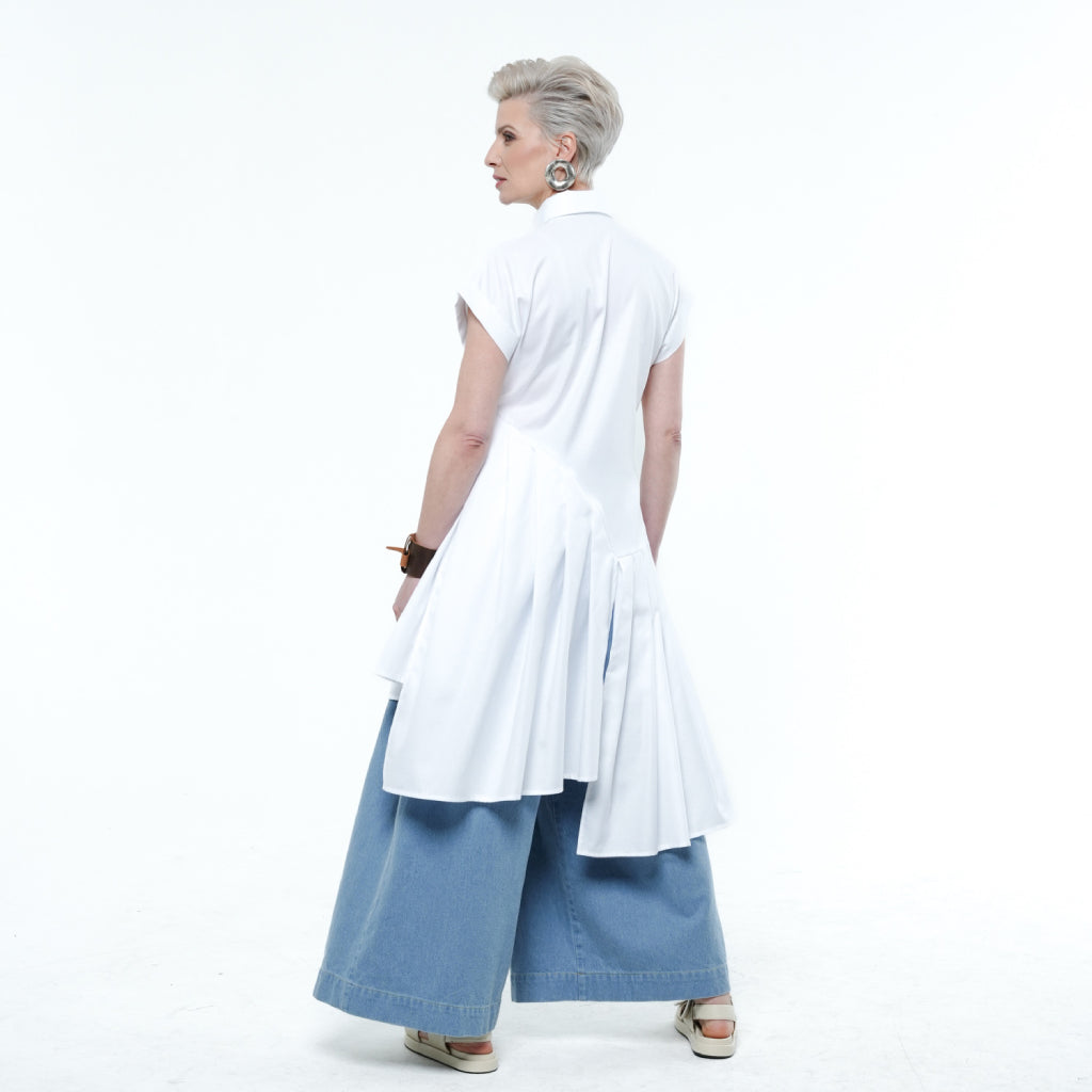 METAMORPHOZA - White Pleated Asymmetric Cotton Tunic Shirt, buy at DOORS NYC