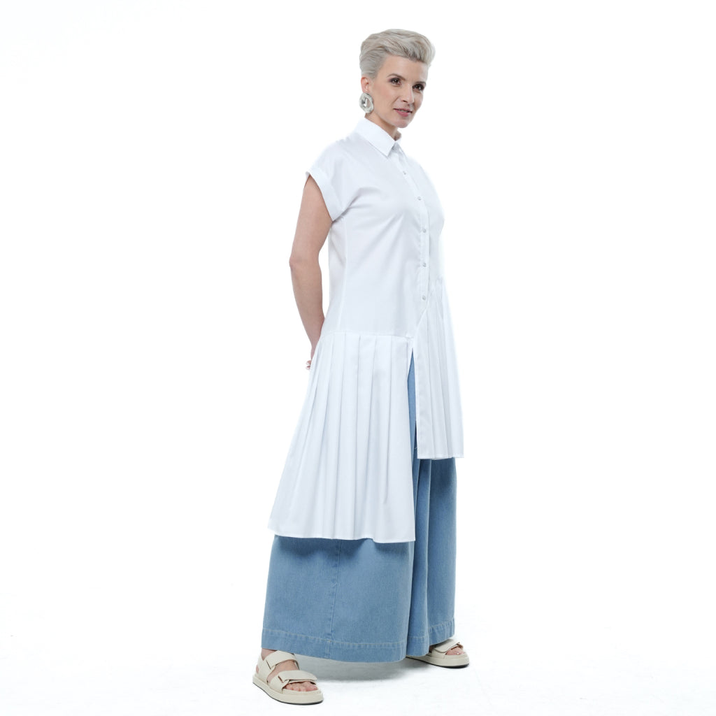 METAMORPHOZA - White Pleated Asymmetric Cotton Tunic Shirt, buy at DOORS NYC
