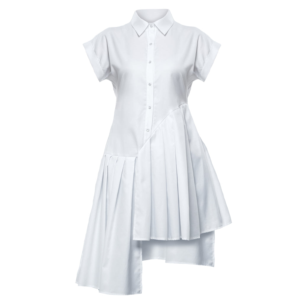 METAMORPHOZA - White Pleated Asymmetric Cotton Tunic Shirt, buy at DOORS NYC