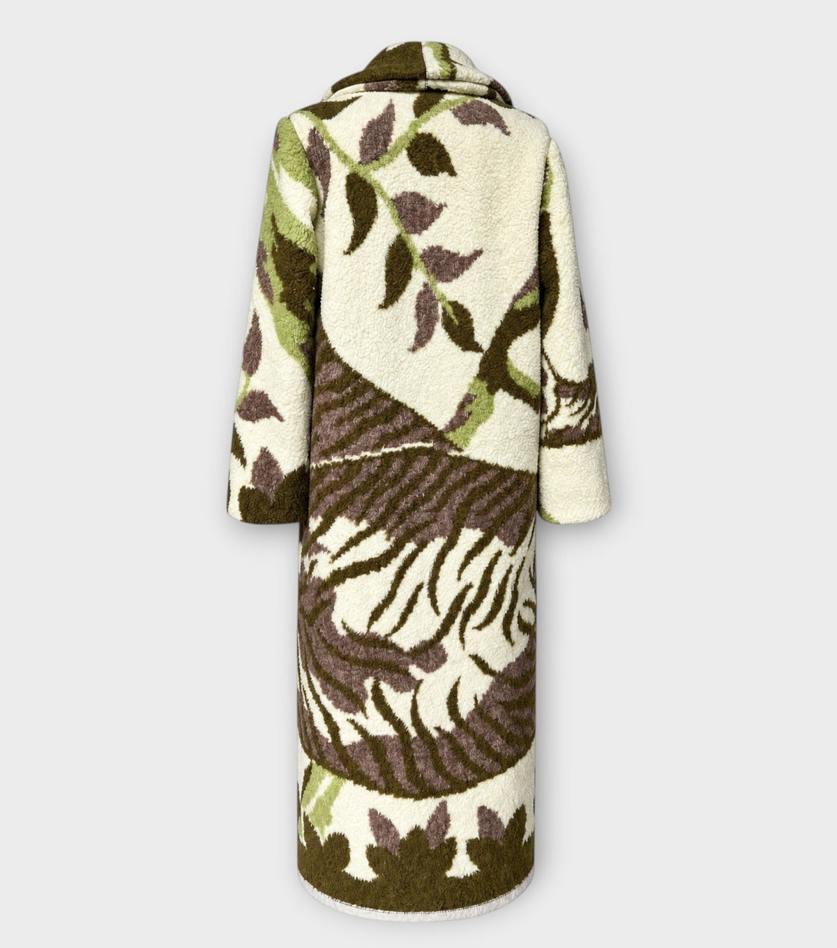 STUDIO WUNDERBAR Greenish Tiger Coat: cream and olive green teddy long coat with botanical and tiger pattern in chocolate brown, moss green and ivory, upcycled one-of-a-kind coat, product photo, buy at DOORS NYC