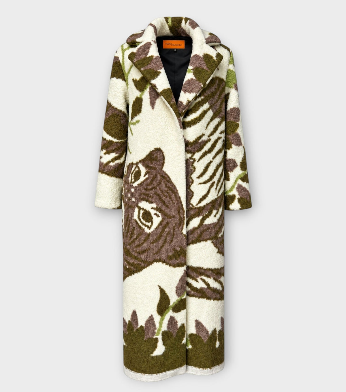 STUDIO WUNDERBAR Greenish Tiger Coat: cream and olive green teddy long coat with botanical and tiger pattern in chocolate brown, moss green and ivory, upcycled one-of-a-kind coat, alternate angle, buy at DOORS NYC