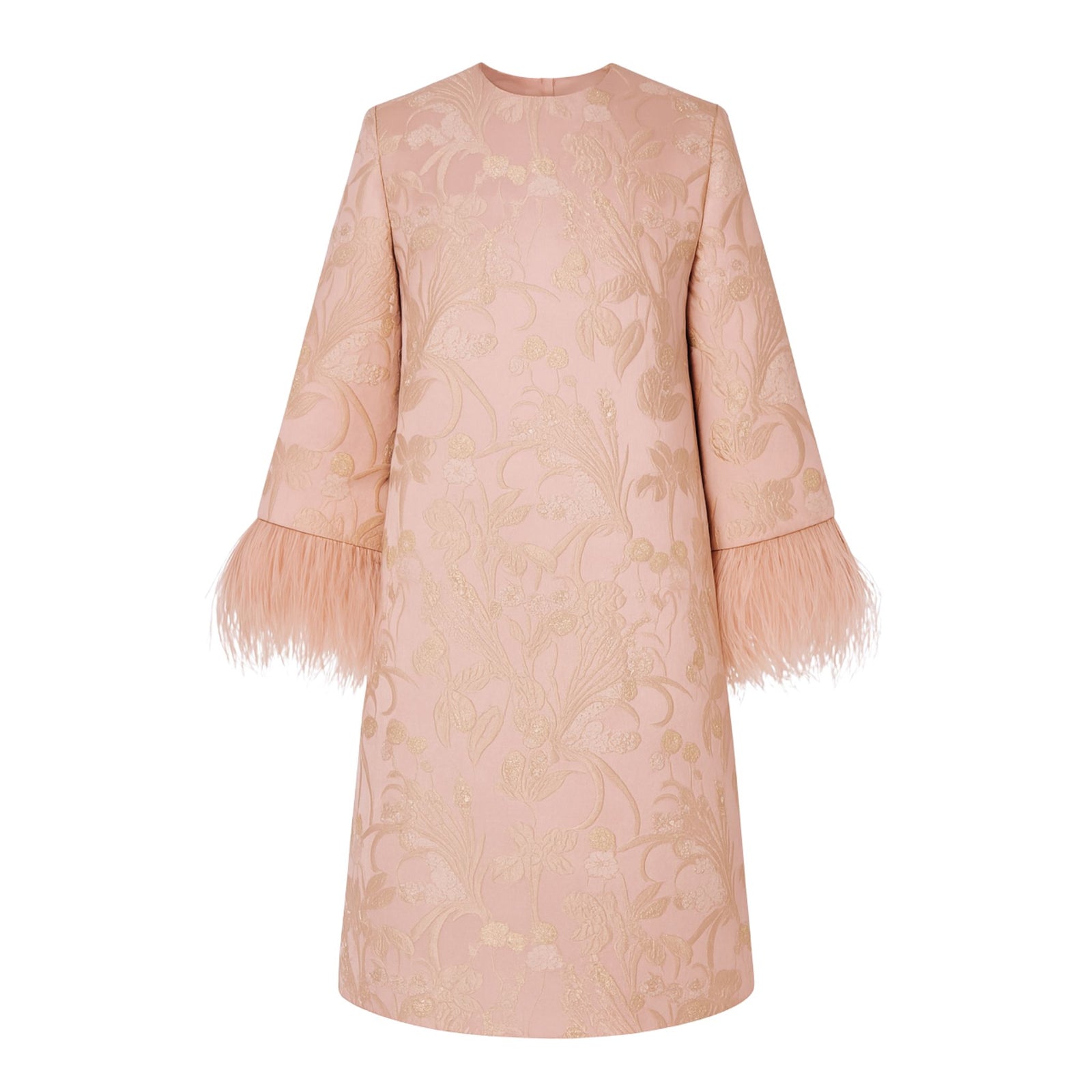Powder pink brocade mini dress with feather sleeve trim.