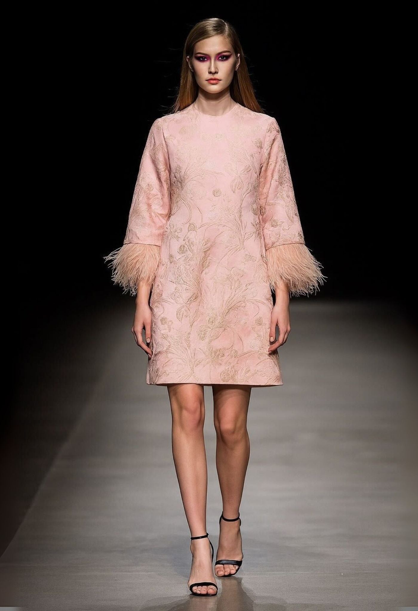 NARCISS - Powder Pink Brocade Mini Dress with Feather Trim | DOORS NYC M NARCISS - Powder Pink Brocade Mini Dress with Feather Trim | DOORS NYC M