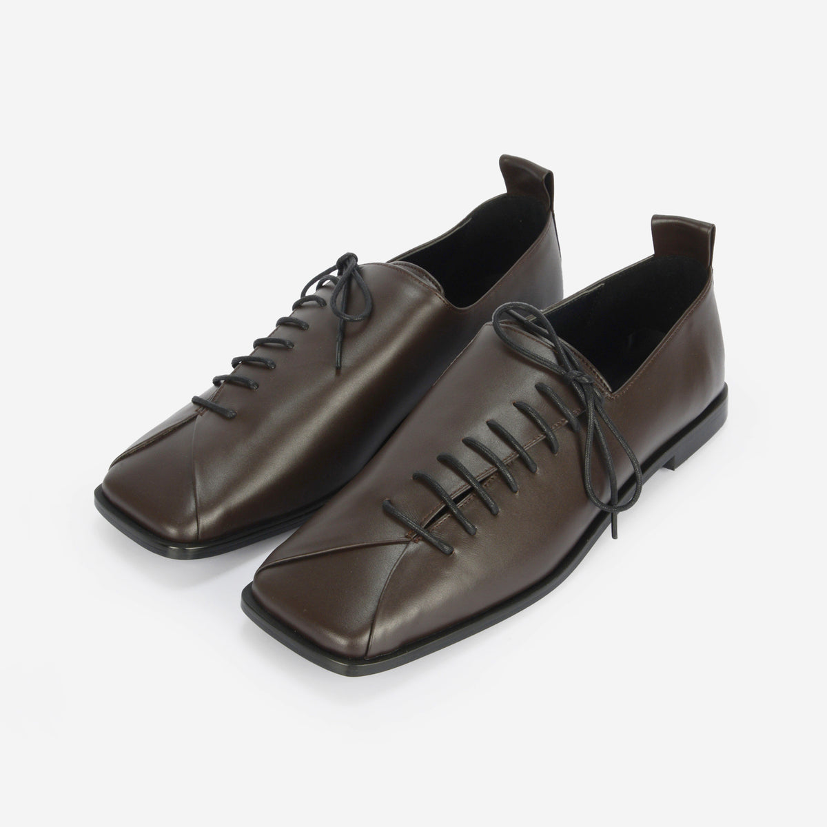 Brown Square-Toe Lace-Up Leather Flats