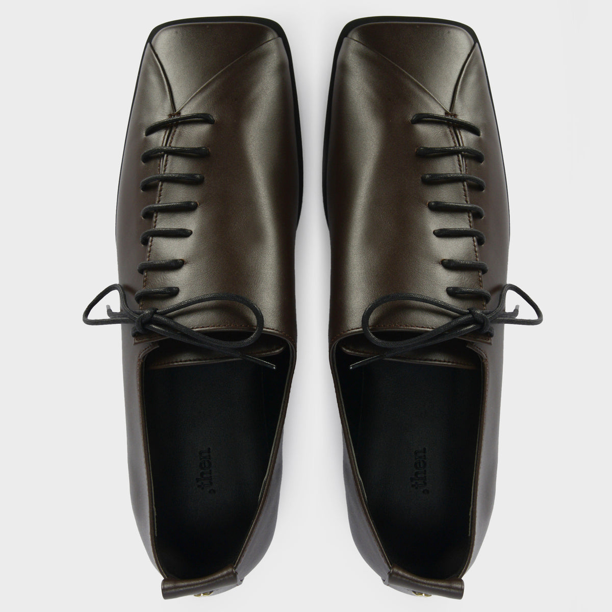 Brown Square-Toe Lace-Up Leather Flats