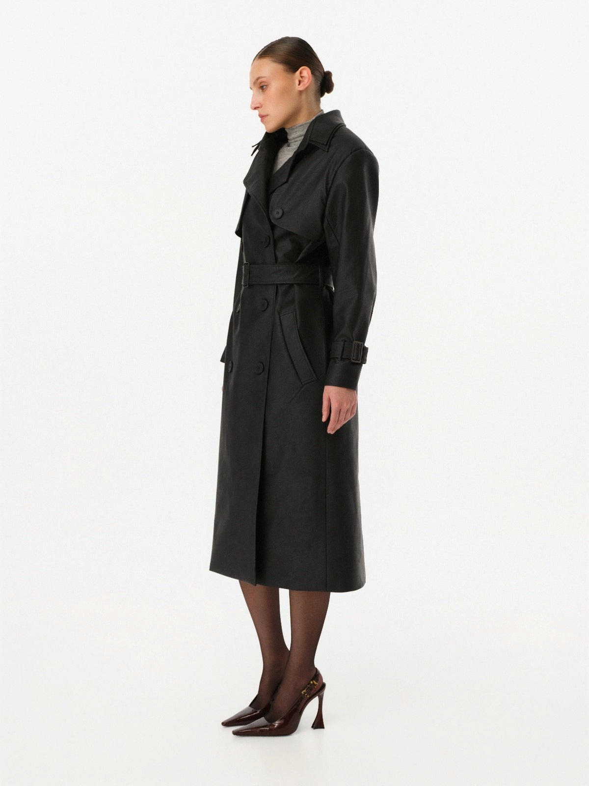 DAR ANN STUDIO black vegan leather trench coat, women's belted midi outerwear, buy at DOORS NYC