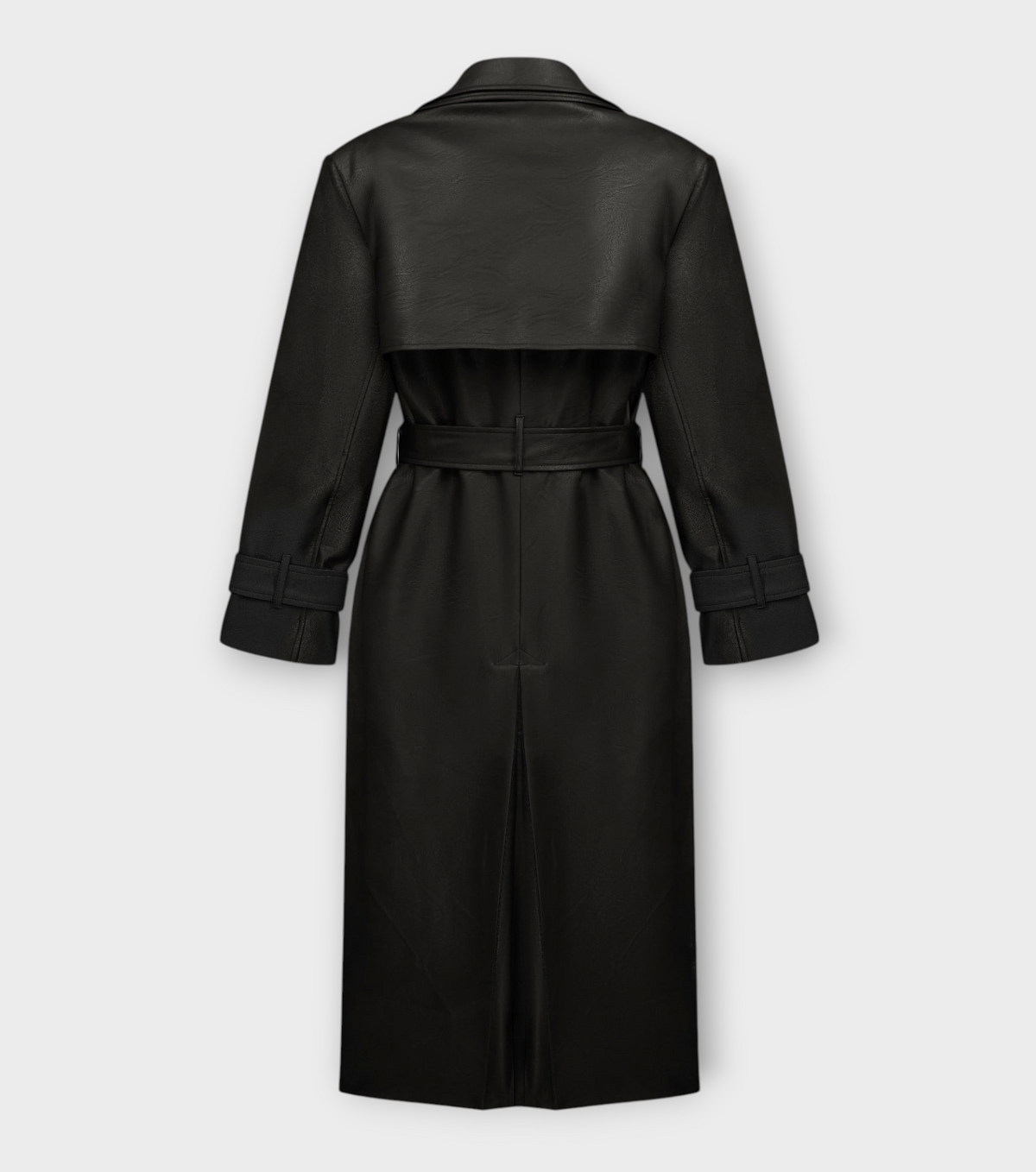 DAR ANN STUDIO black vegan leather trench coat, back view, women's belted outerwear, buy at DOORS NYC