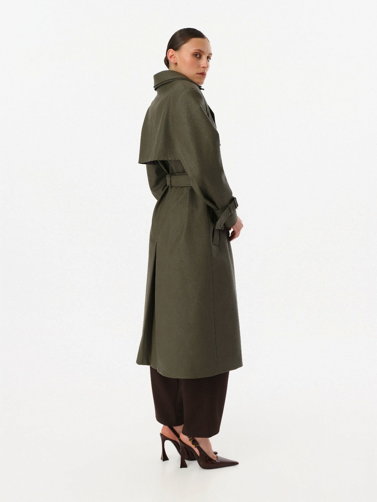 DAR ANN STUDIO khaki vegan leather trench coat worn by model, women's belted midi outerwear, buy at DOORS NYC