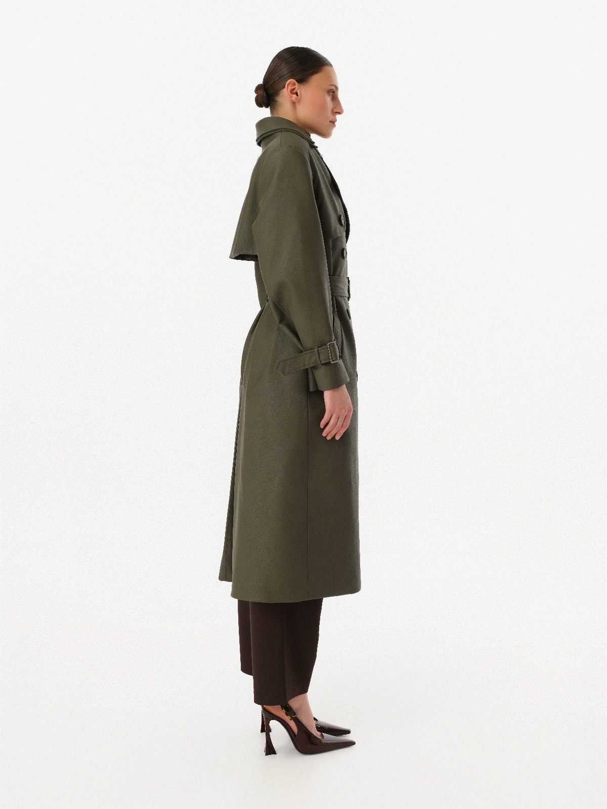 DAR ANN STUDIO khaki vegan leather trench coat, styled look, women's double-breasted coat, buy at DOORS NYC