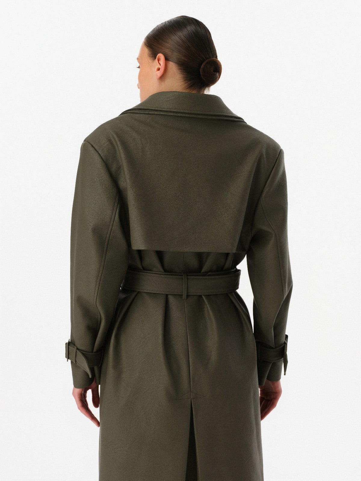 DAR ANN STUDIO khaki vegan leather trench coat, detail view, women's double-breasted coat, buy at DOORS NYC