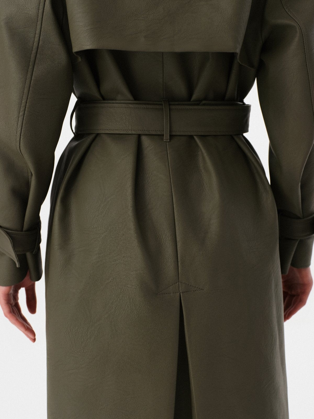 DAR ANN STUDIO khaki vegan leather trench coat, alternate view, women's belted outerwear, buy at DOORS NYC