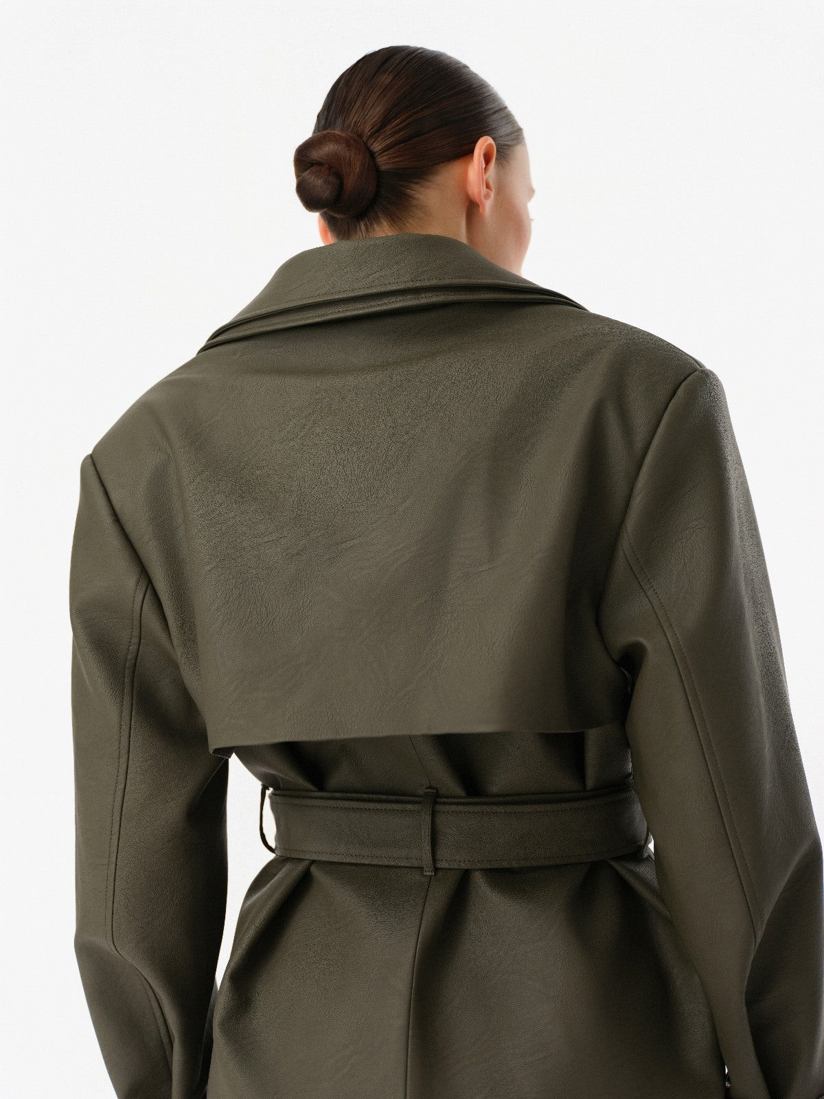 DAR ANN STUDIO khaki vegan leather trench coat, side view, women's belted outerwear, buy at DOORS NYC
