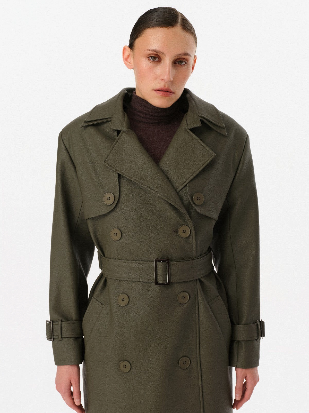 DAR ANN STUDIO khaki vegan leather trench coat, back view, women's belted outerwear, buy at DOORS NYC