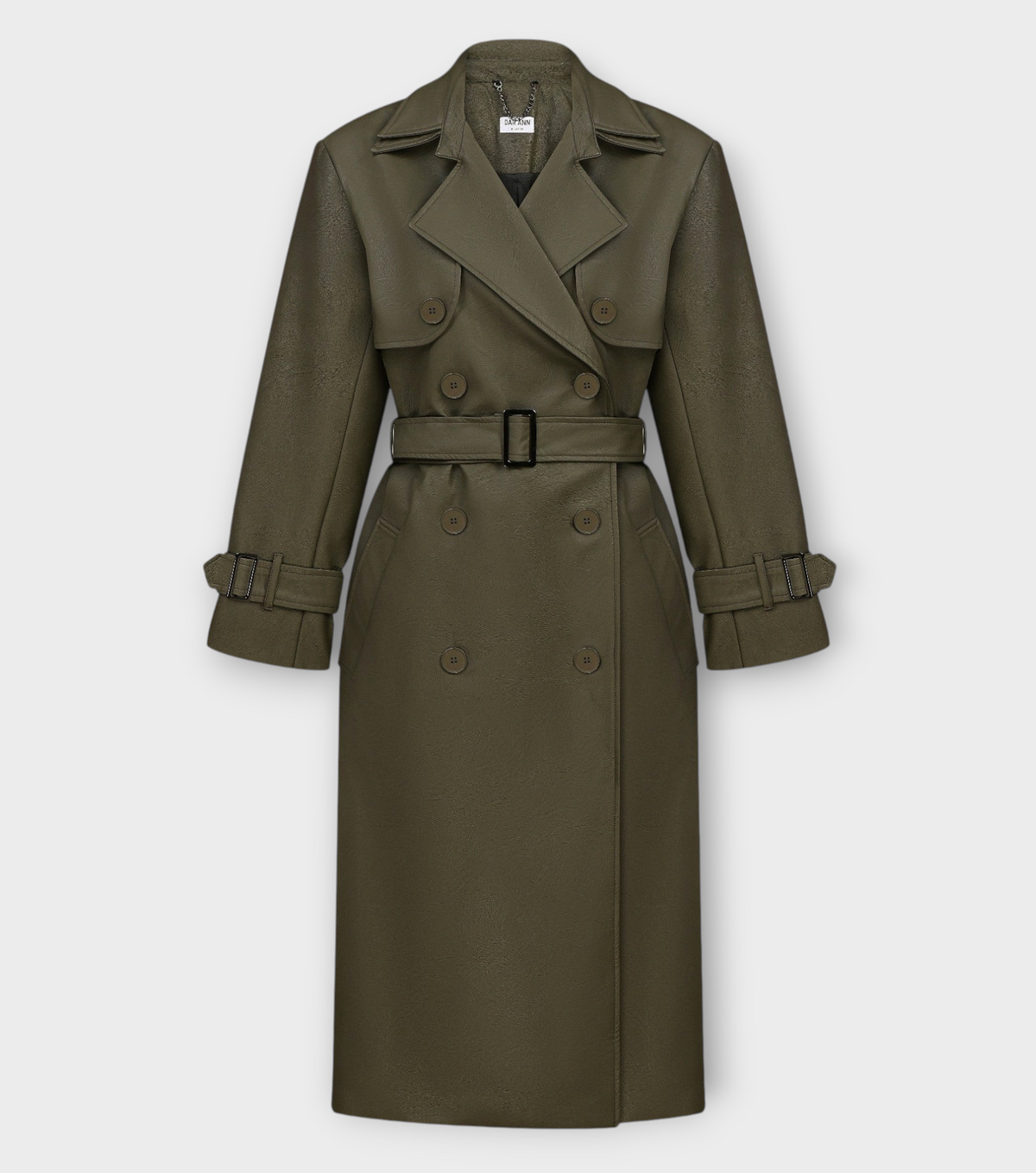 DAR ANN STUDIO khaki vegan leather trench coat, close-up, women's belted outerwear, buy at DOORS NYC