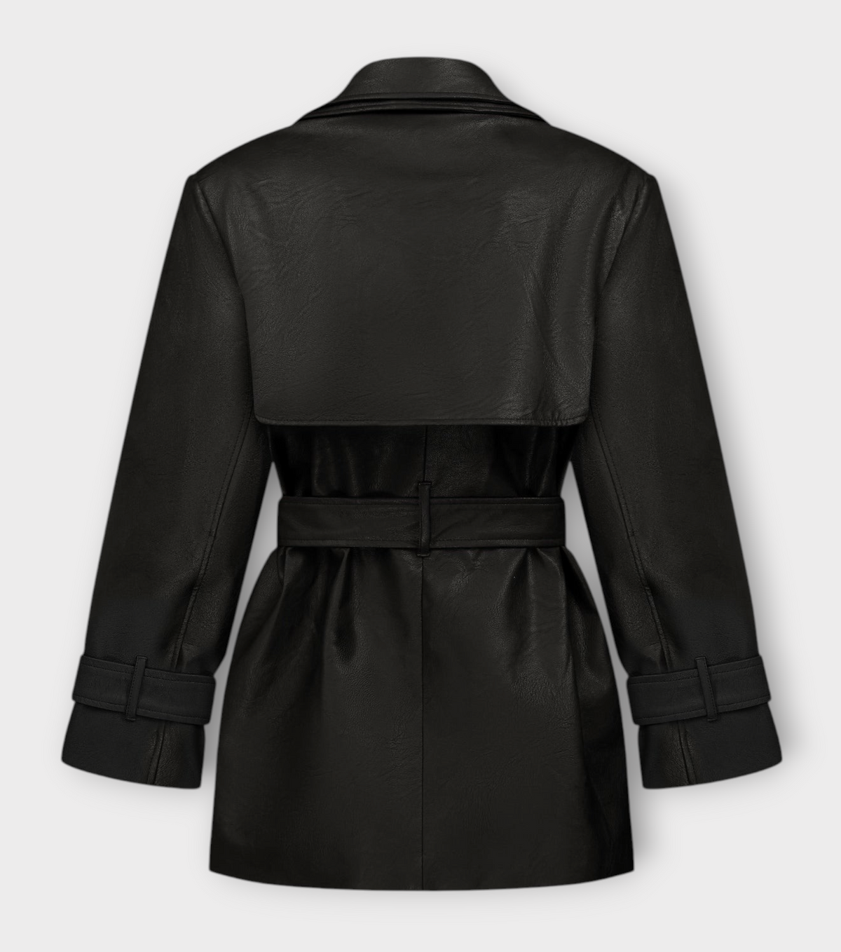 DAR ANN STUDIO black vegan leather trench jacket, styled outfit, women's short belted jacket, buy at DOORS NYC
