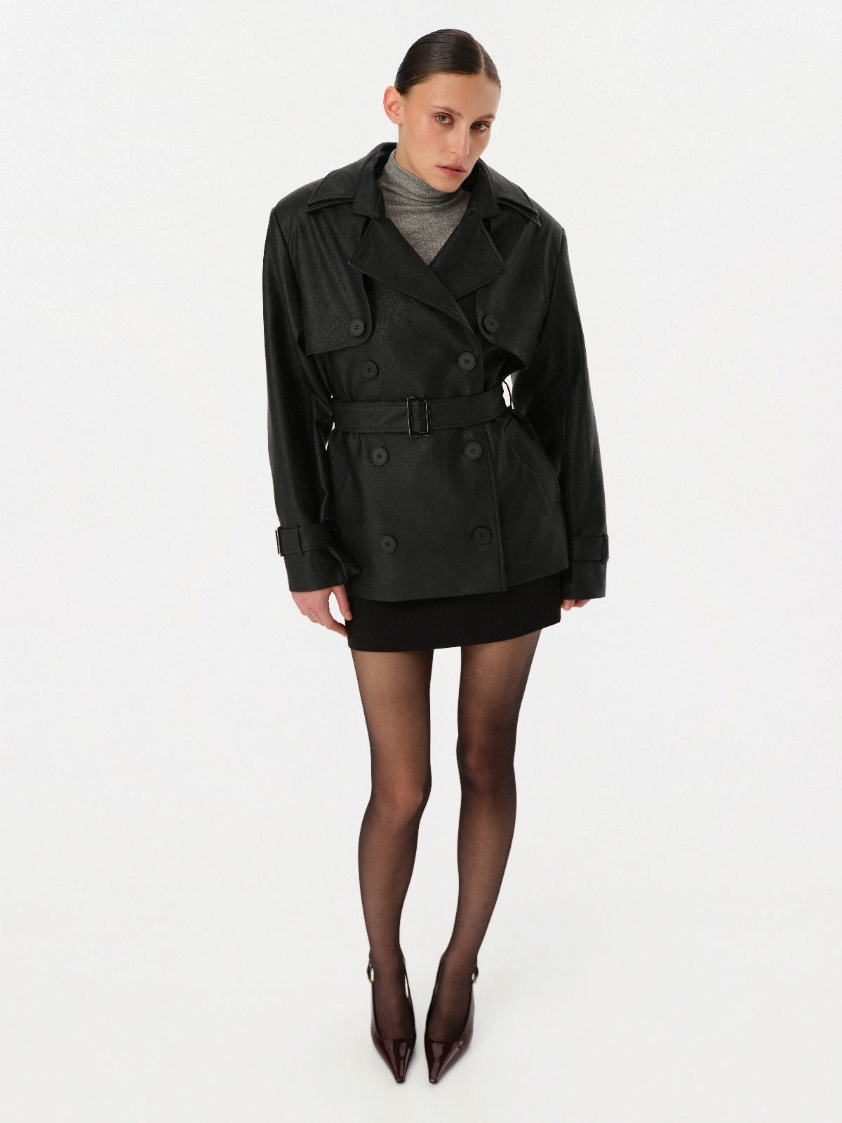 DAR ANN STUDIO black vegan leather trench jacket, women's short belted jacket, buy at DOORS NYC