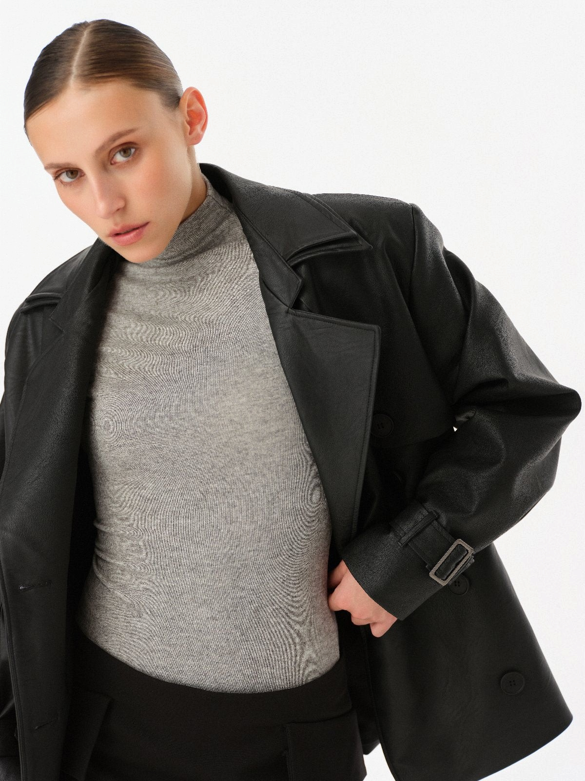 DAR ANN STUDIO black vegan leather trench jacket, styled look, women's double-breasted jacket, buy at DOORS NYC