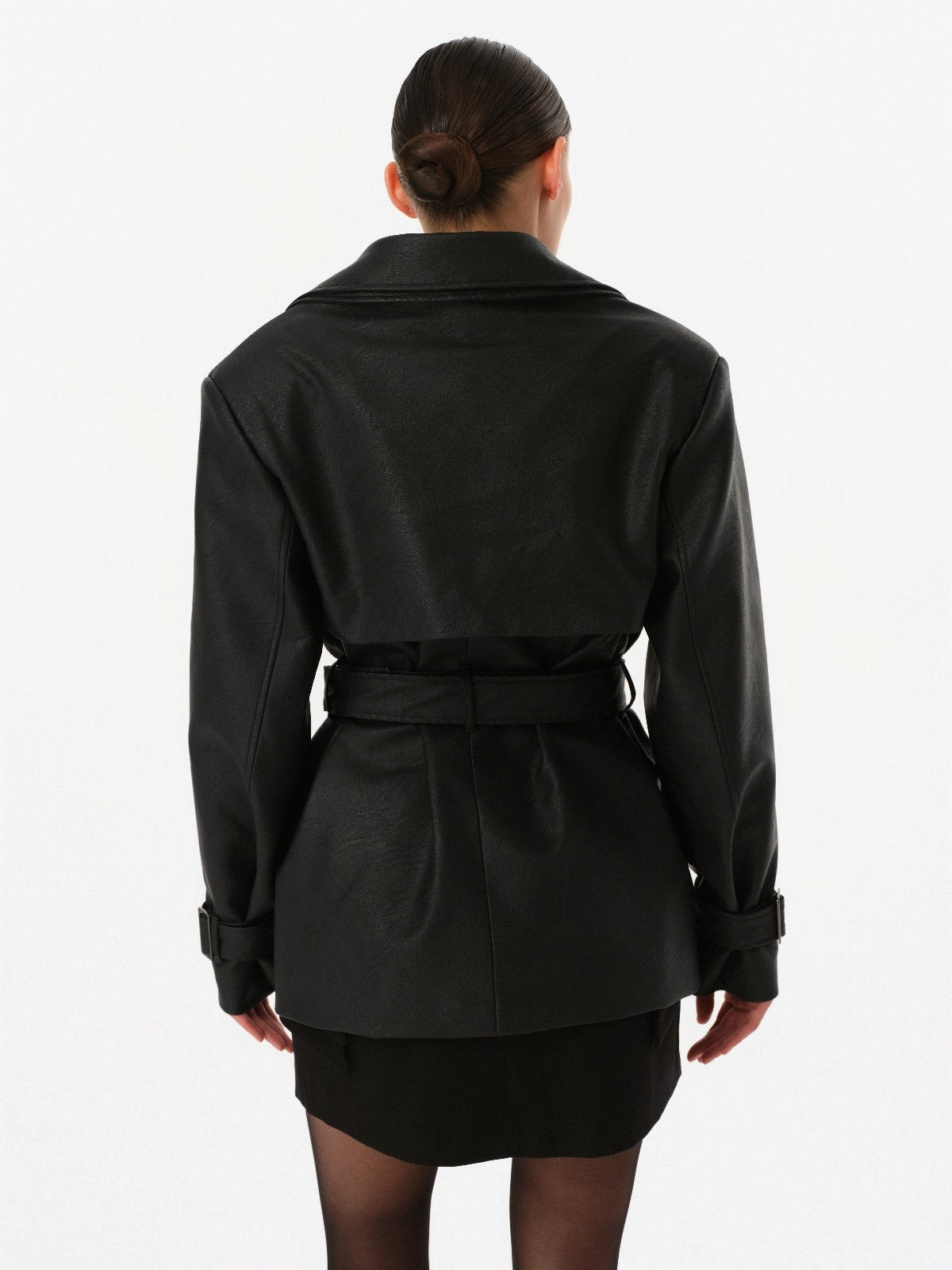 DAR ANN STUDIO black vegan leather trench jacket, alternate view, women's short belted jacket, buy at DOORS NYC