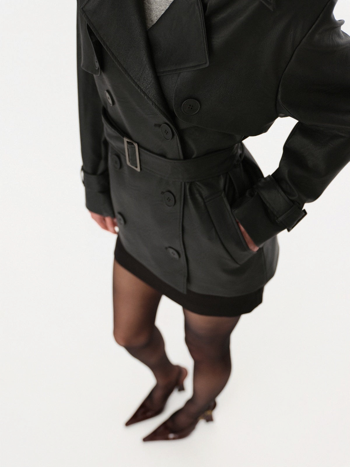 DAR ANN STUDIO black vegan leather trench jacket, side view, women's short belted jacket, buy at DOORS NYC
