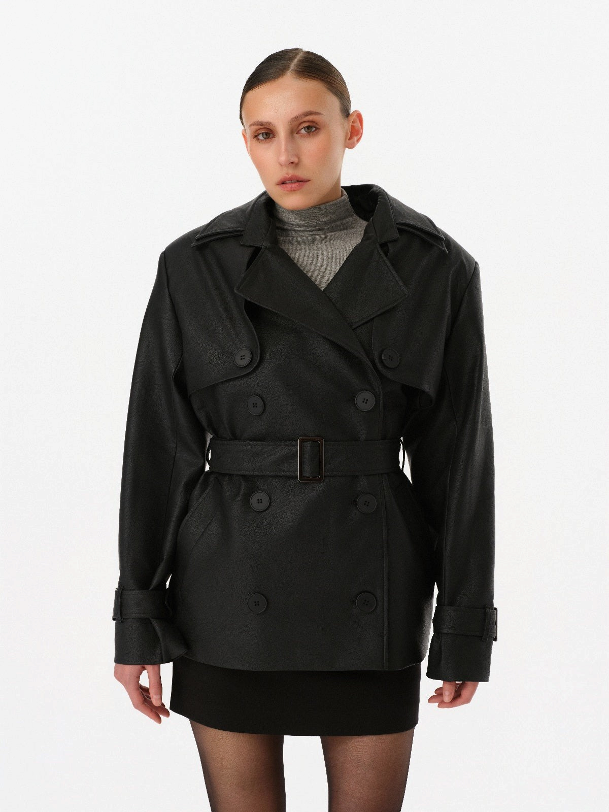 DAR ANN STUDIO black vegan leather trench jacket, close-up, women's short belted jacket, buy at DOORS NYC