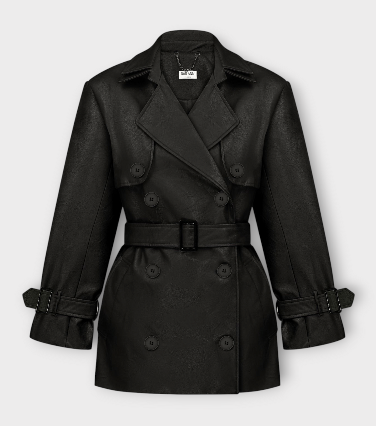 DAR ANN STUDIO black vegan leather trench jacket, full look, women's short belted jacket, buy at DOORS NYC