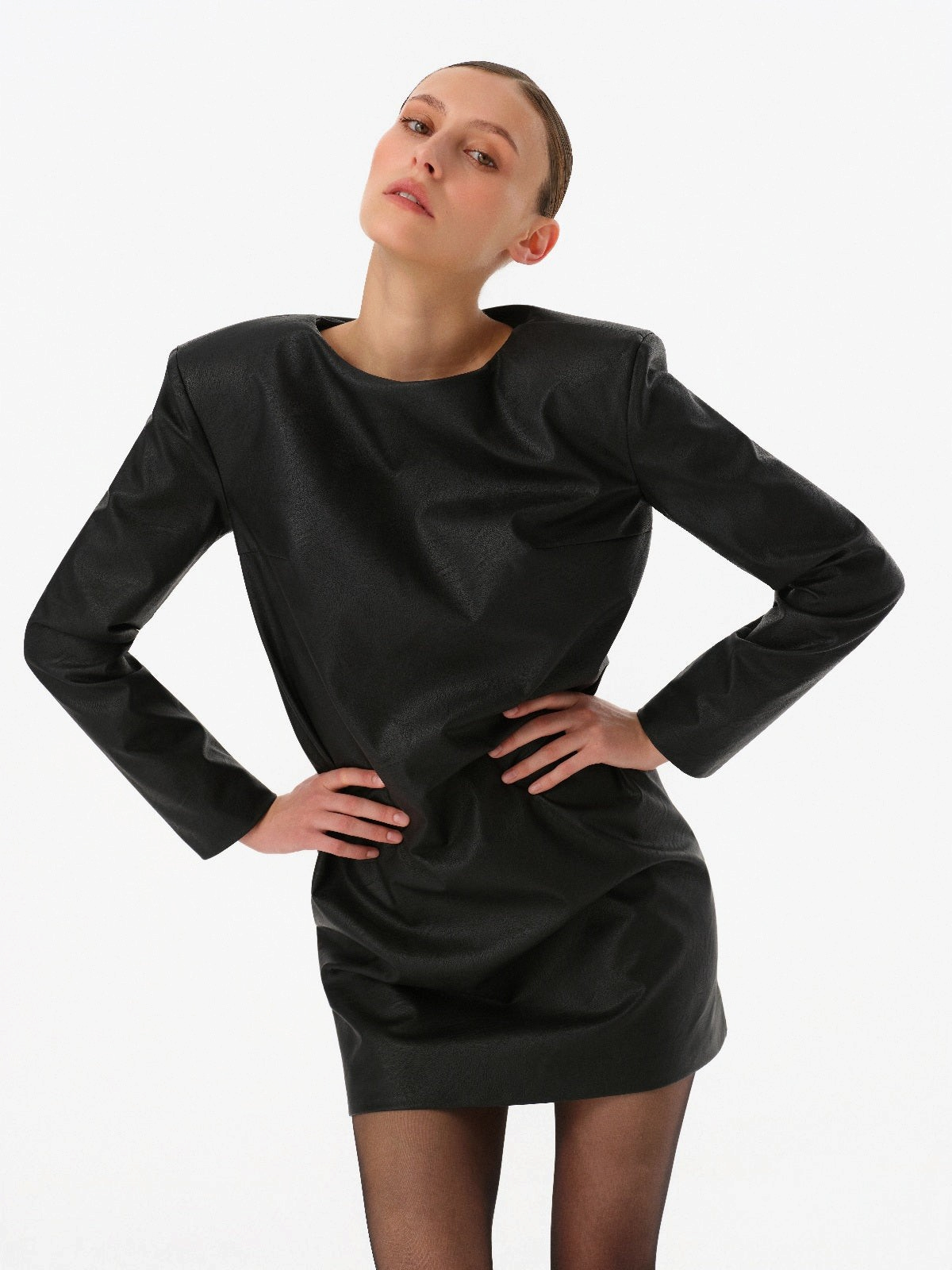 DAR ANN STUDIO black leather mini dress with power shoulders, women's long-sleeve dress, buy at DOORS NYC