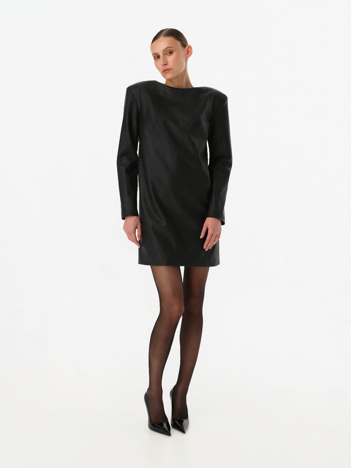 DAR ANN STUDIO black leather mini dress, styled look, women's long-sleeve dress, buy at DOORS NYC