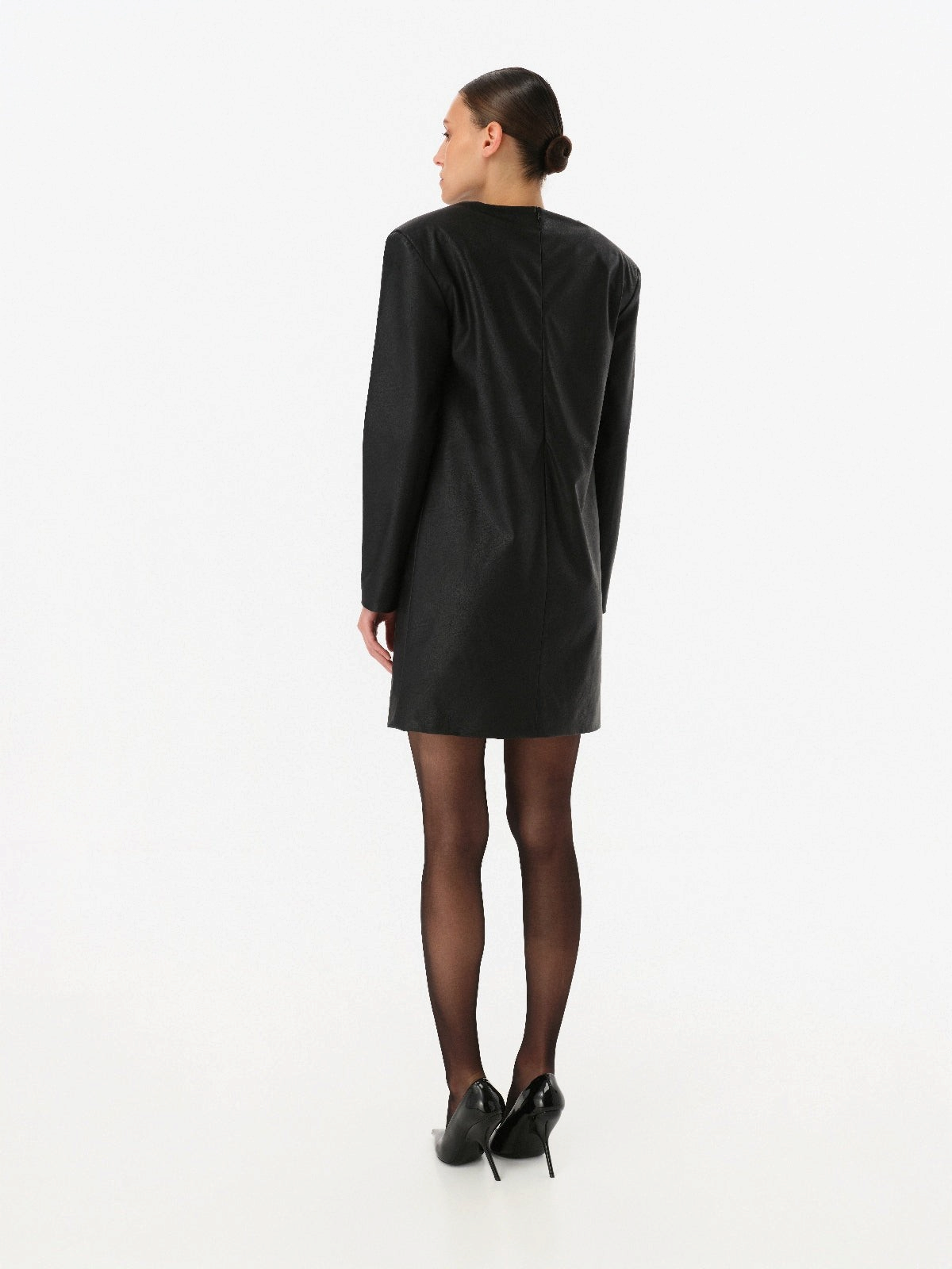 DAR ANN STUDIO black leather mini dress, detail view, women's power-shoulder dress, buy at DOORS NYC