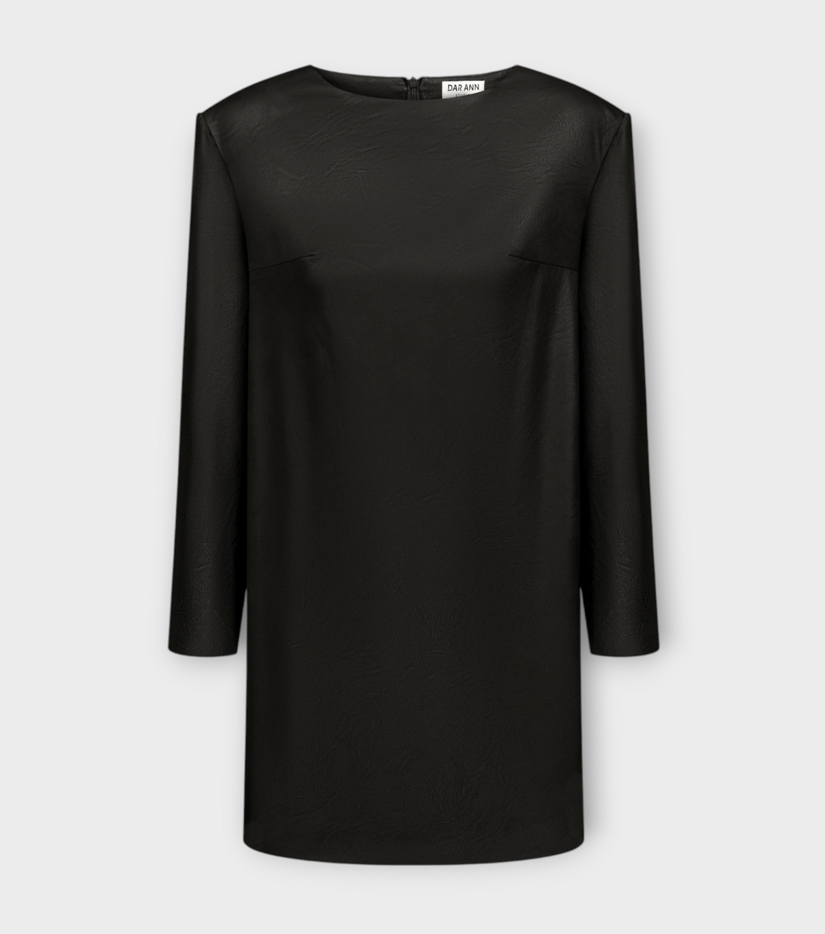 DAR ANN STUDIO black leather mini dress, back view, women's long-sleeve dress, buy at DOORS NYC