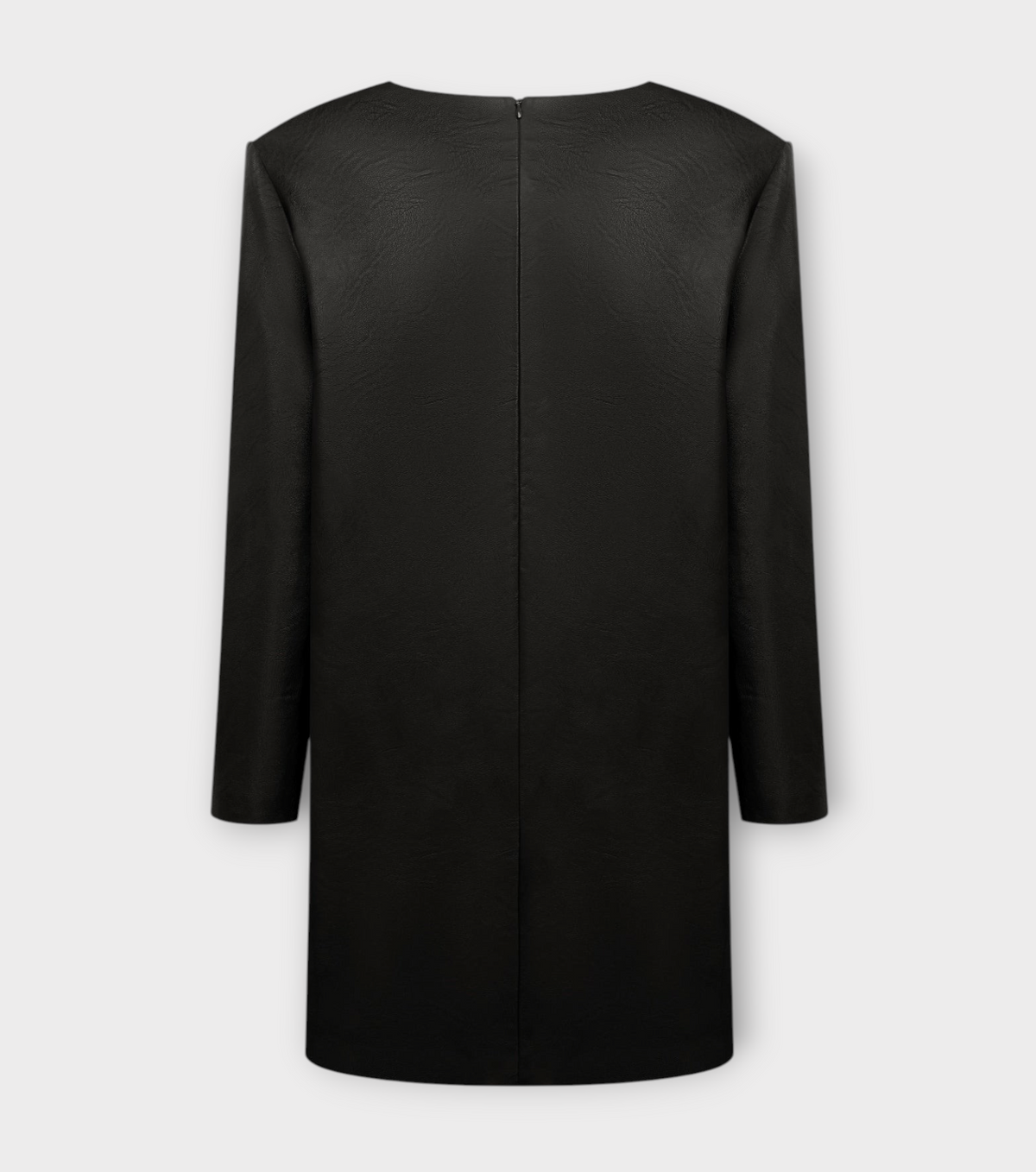 DAR ANN STUDIO black leather mini dress, full look, women's power-shoulder dress, buy at DOORS NYC