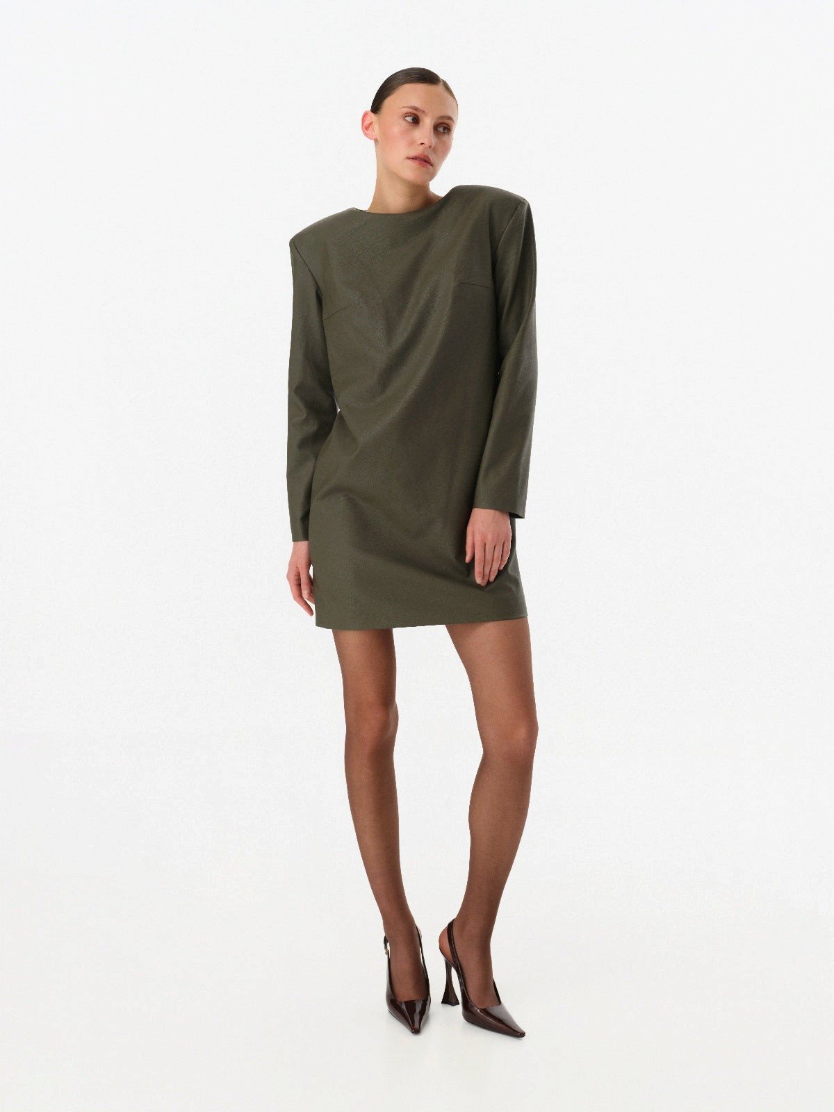 DAR ANN STUDIO khaki leather mini dress with power shoulders, women's long-sleeve dress, buy at DOORS NYC