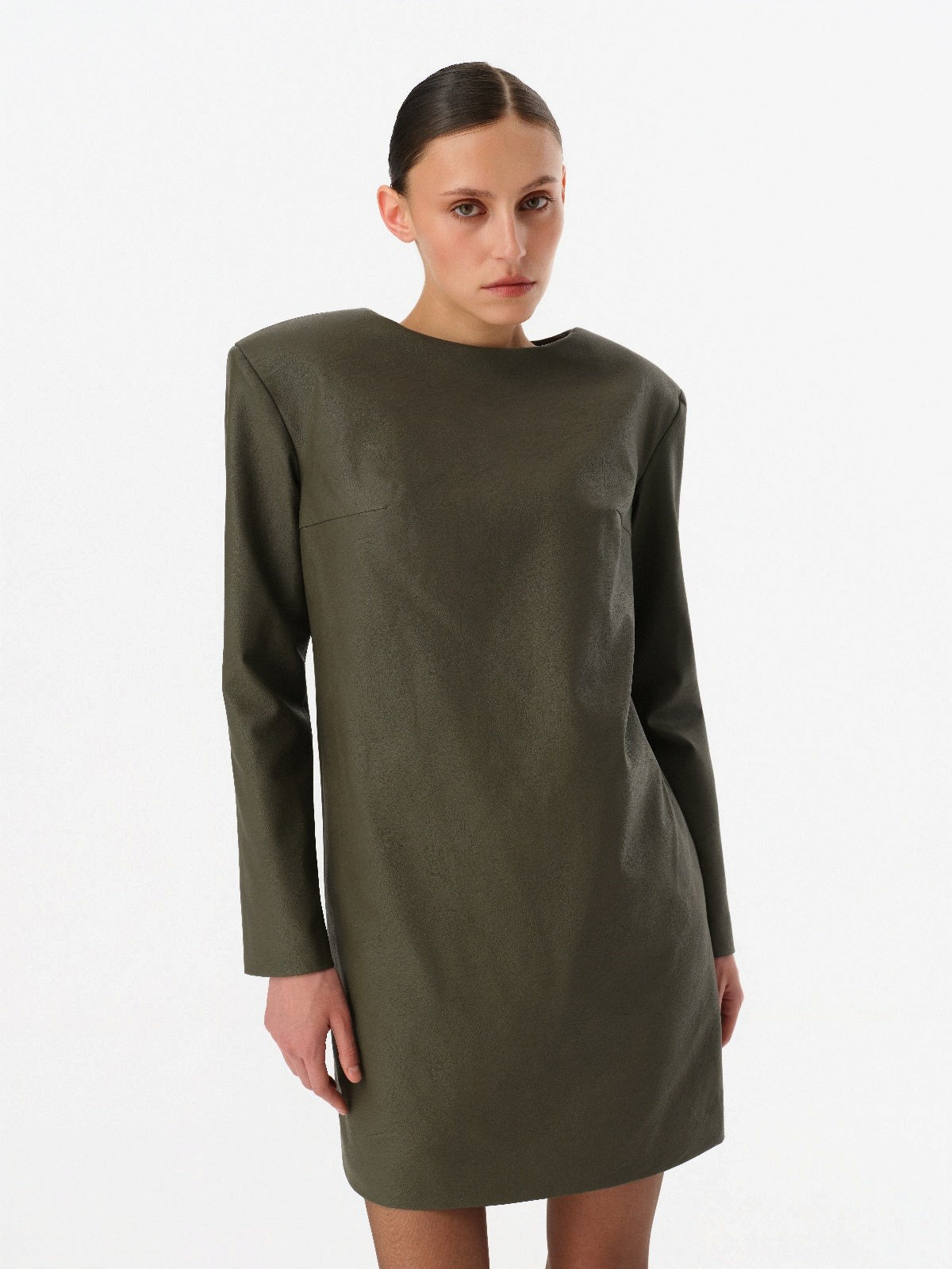 DAR ANN STUDIO khaki leather mini dress, styled look, women's long-sleeve dress, buy at DOORS NYC