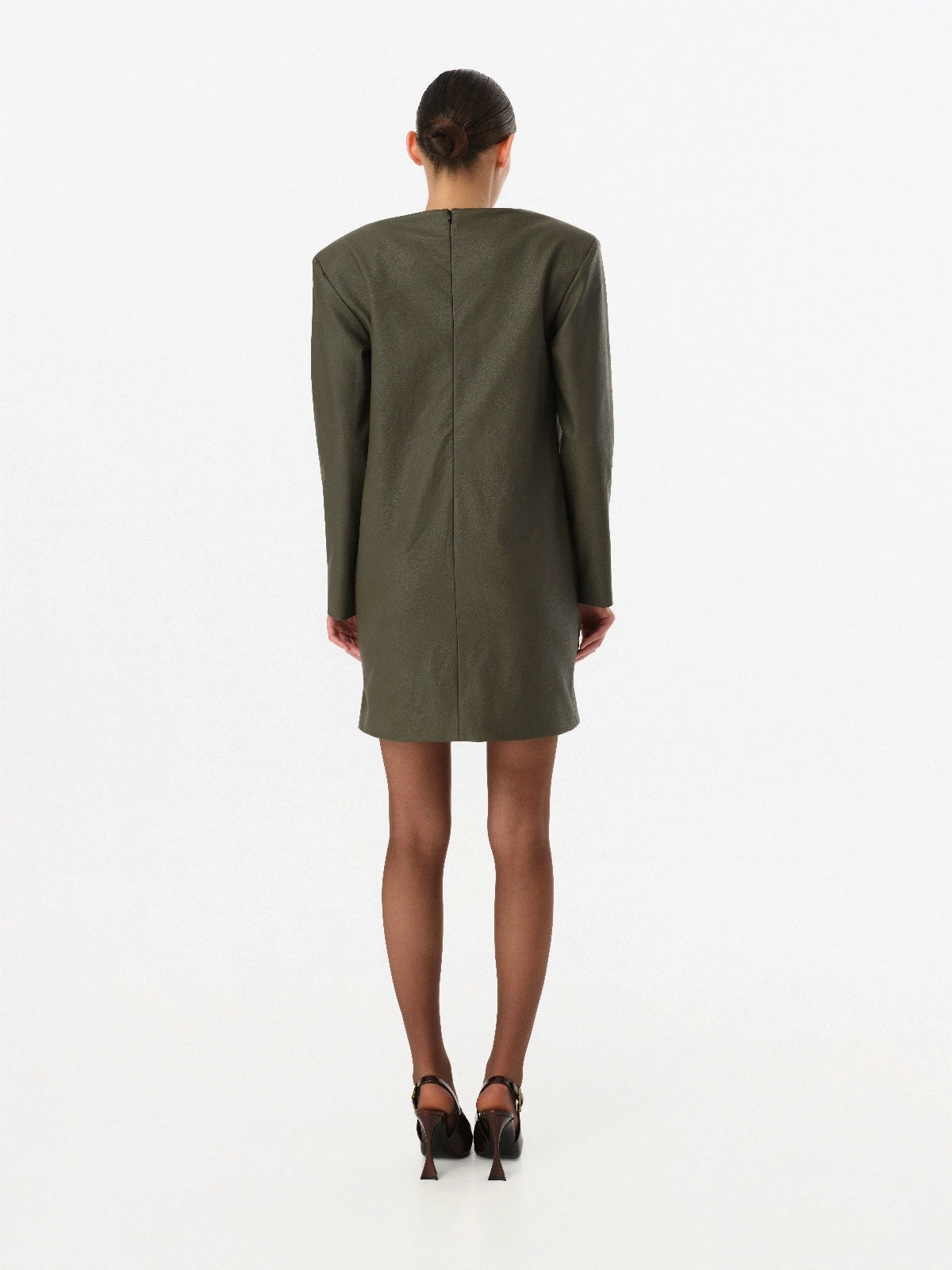 DAR ANN STUDIO khaki leather mini dress, detail view, women's power-shoulder dress, buy at DOORS NYC