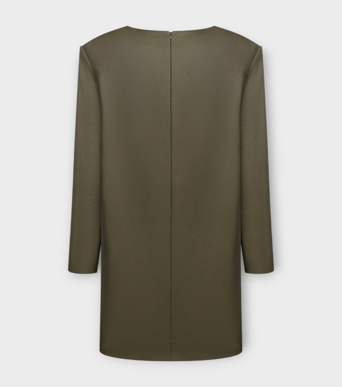 DAR ANN STUDIO khaki leather mini dress, full look, women's power-shoulder dress, buy at DOORS NYC