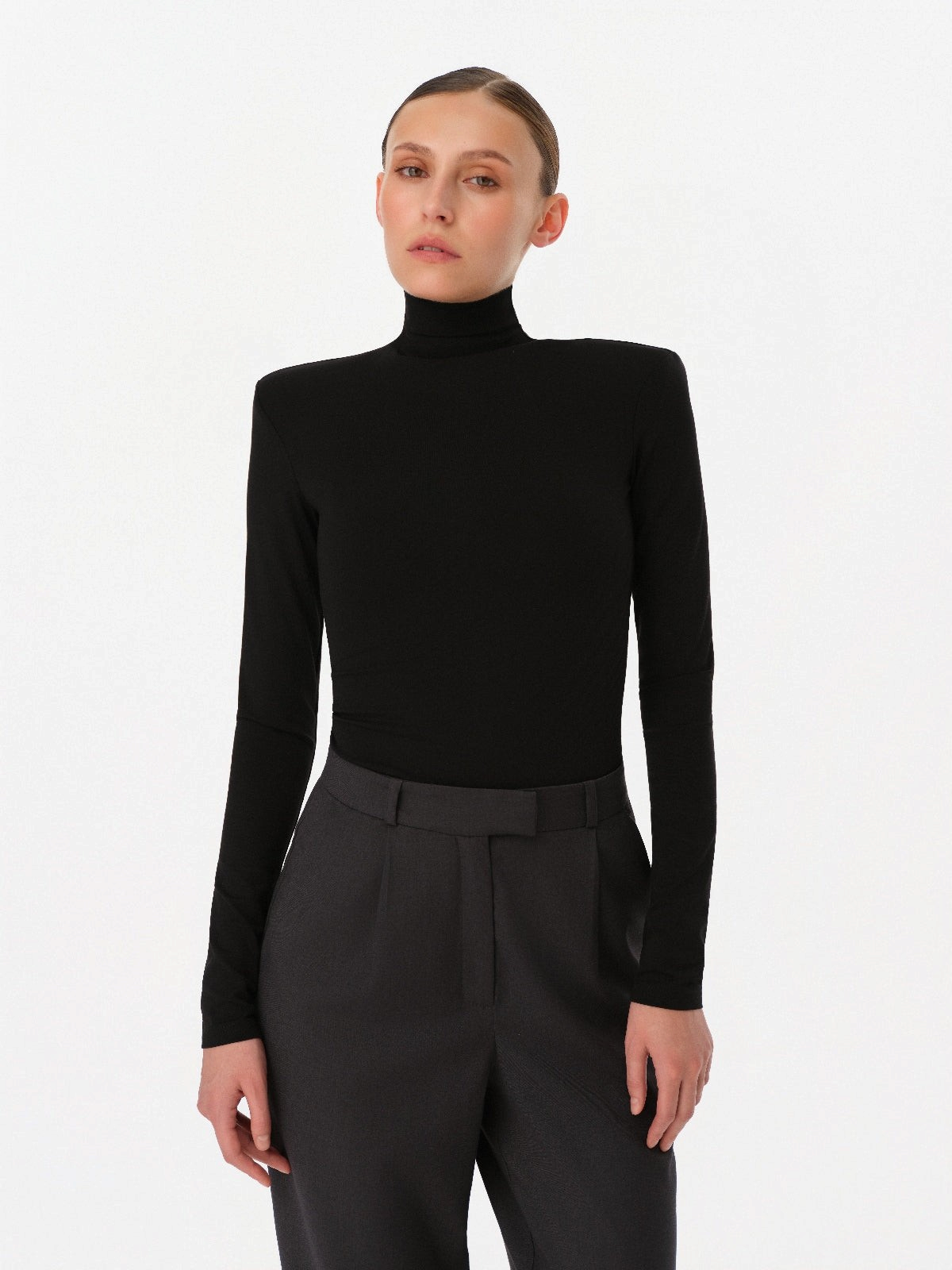 DAR ANN STUDIO black structured high-neck top with shoulder pads, women's long-sleeve top, buy at DOORS NYC