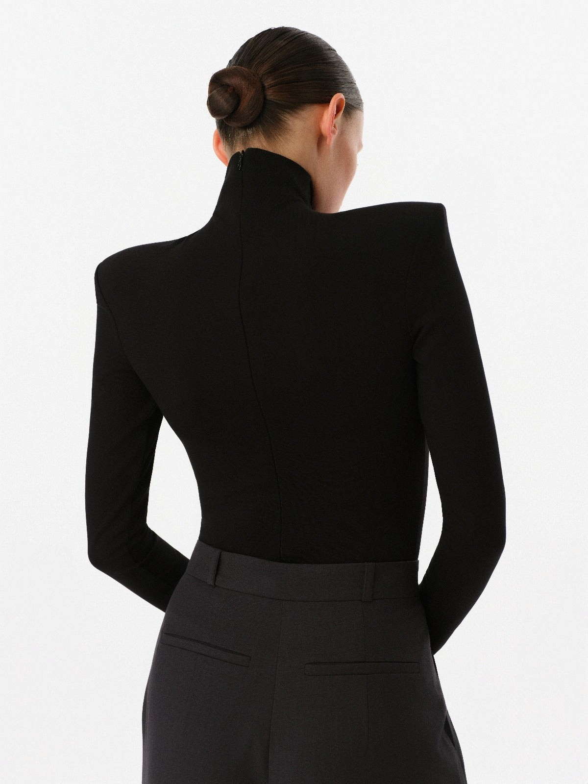 DAR ANN STUDIO black structured high-neck top, styled look, women's long-sleeve top, buy at DOORS NYC