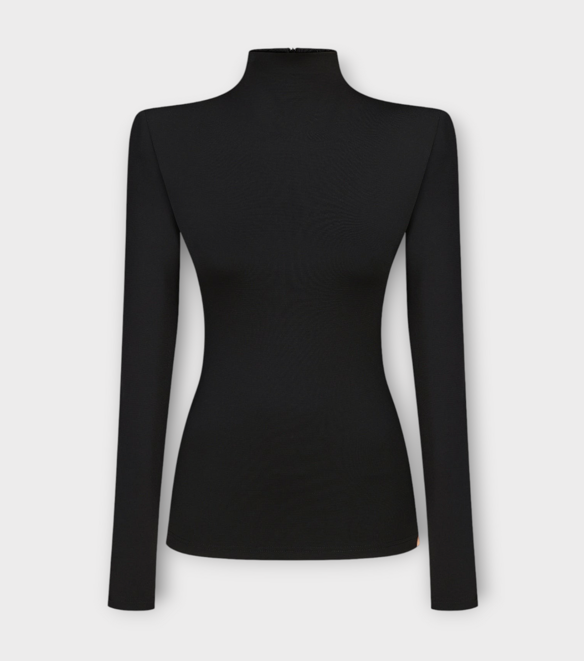 DAR ANN STUDIO black structured high-neck top, back view, women's shoulder-pad top, buy at DOORS NYC