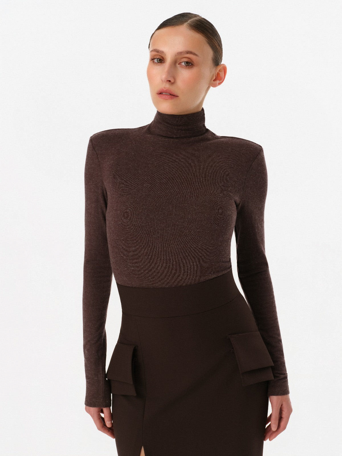 DAR ANN STUDIO brown long-sleeve turtleneck top, women's structured-shoulder knit top, buy at DOORS NYC