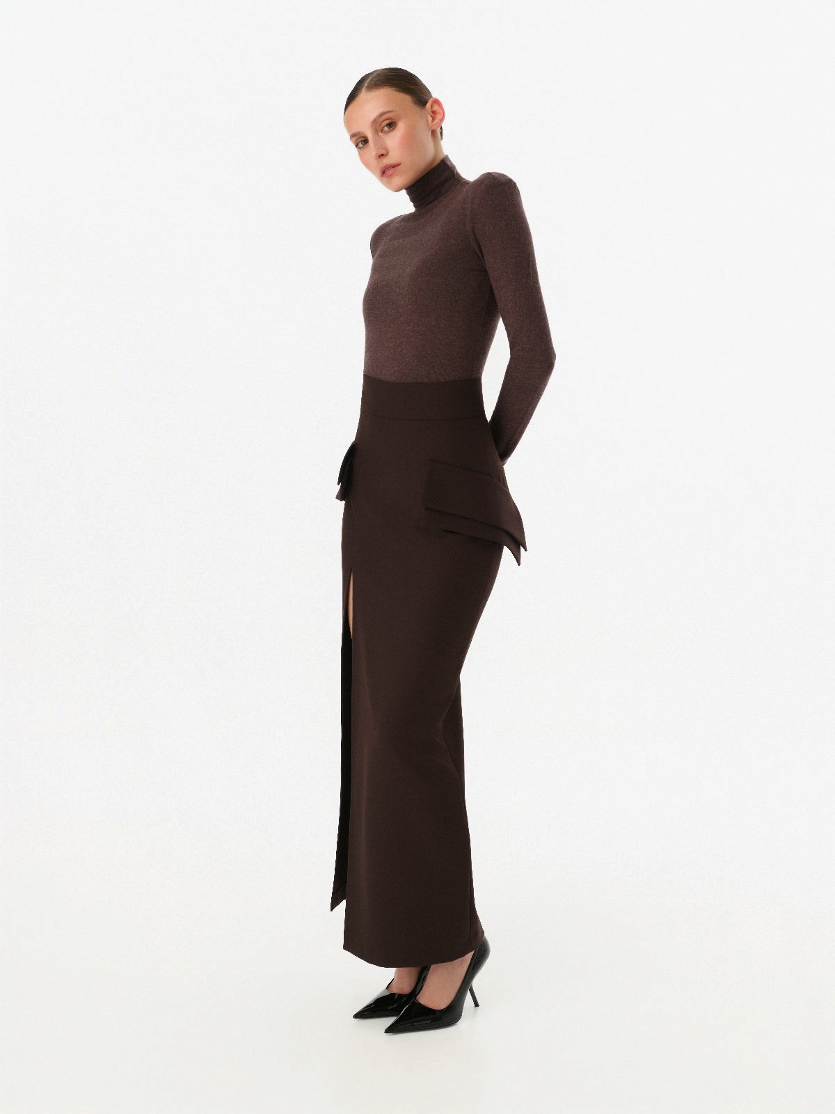 DAR ANN STUDIO brown turtleneck top, styled look, women's structured-shoulder top, buy at DOORS NYC
