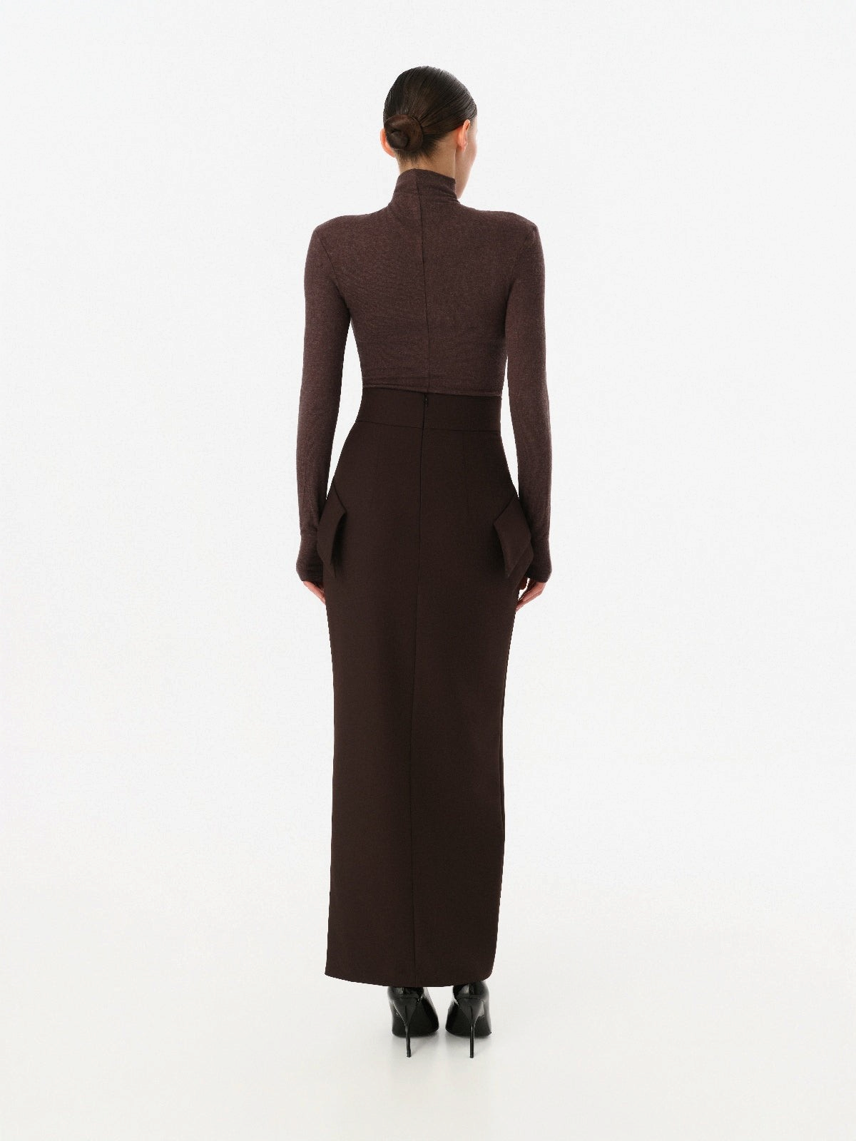 DAR ANN STUDIO brown turtleneck top, detail view, women's long-sleeve top, buy at DOORS NYC