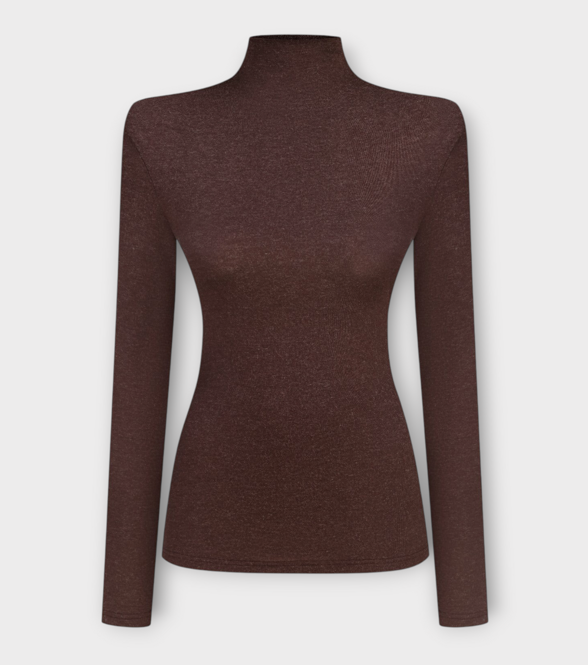 DAR ANN STUDIO brown turtleneck top, back view, women's structured-shoulder top, buy at DOORS NYC