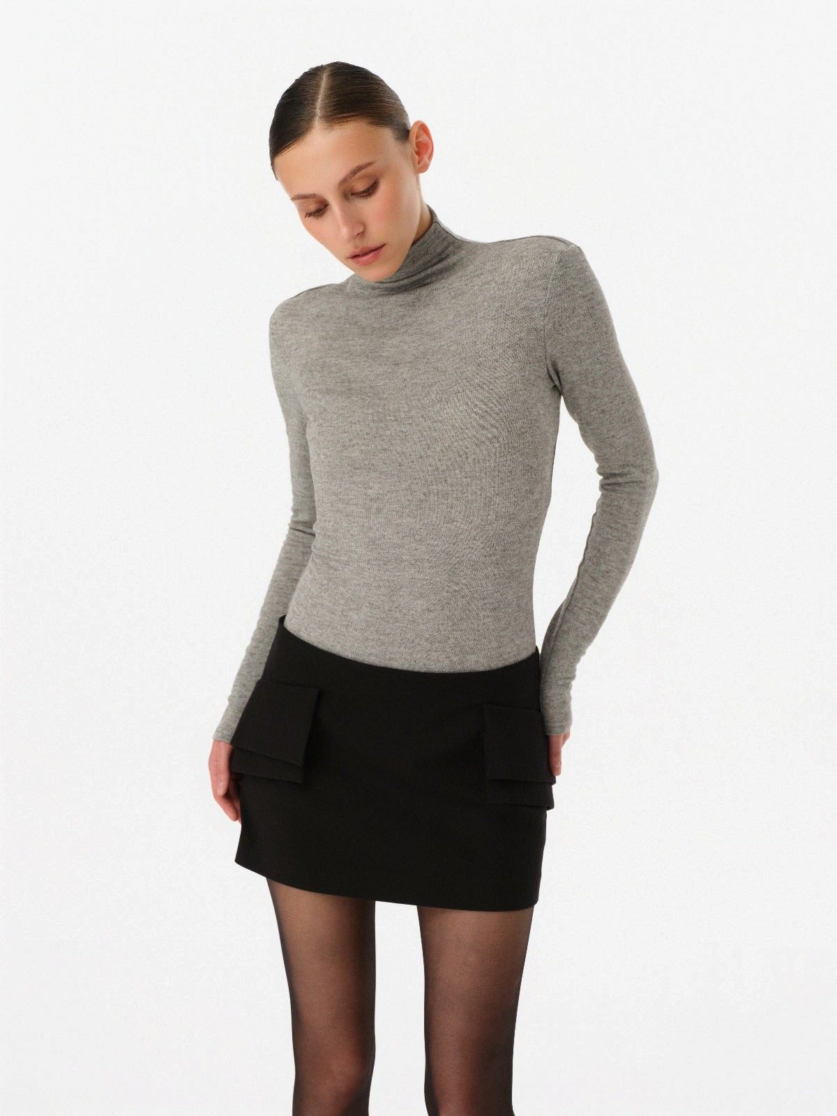 DAR ANN STUDIO gray long-sleeve turtleneck top, women's structured-shoulder knit top, buy at DOORS NYC