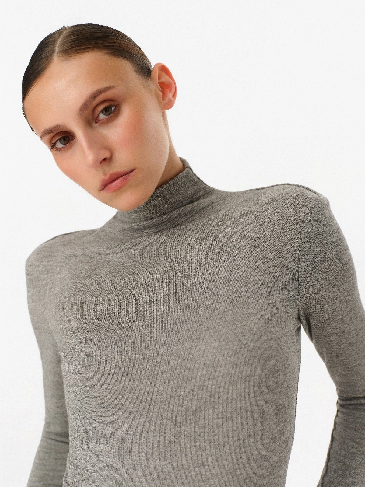 DAR ANN STUDIO gray turtleneck top worn by model, women's long-sleeve top, buy at DOORS NYC