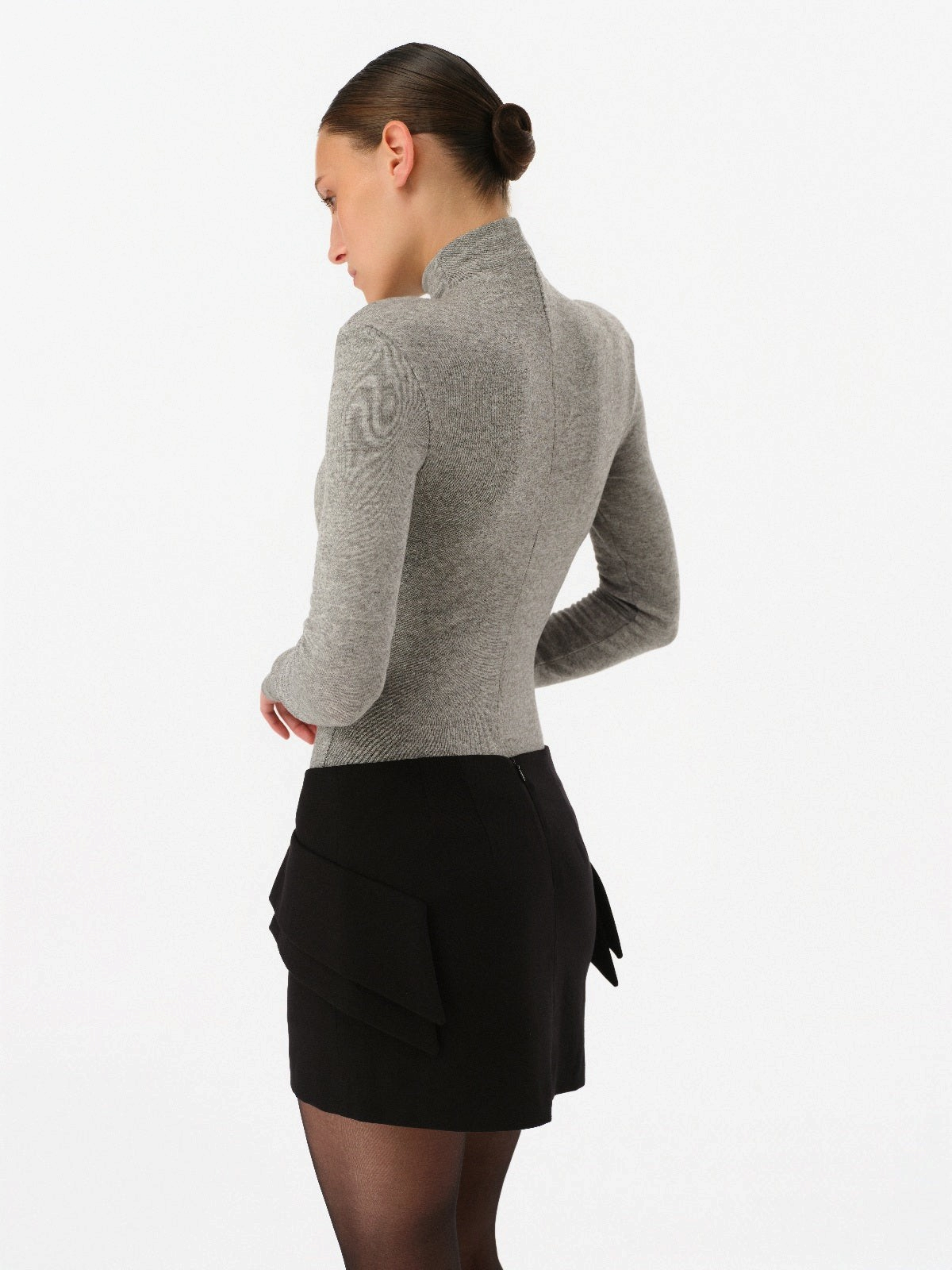 DAR ANN STUDIO gray turtleneck top, styled look, women's structured-shoulder top, buy at DOORS NYC